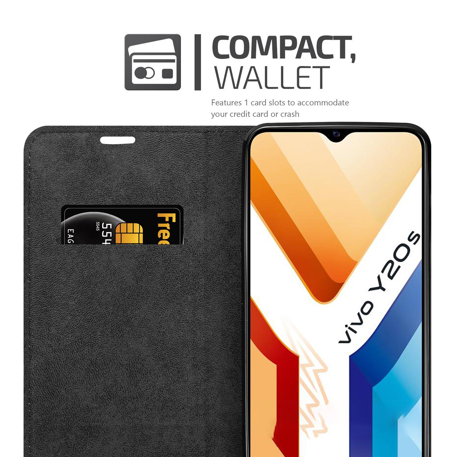 Custodia a portafoglio nera con fessura per carte, che contiene una SIM, e un telefono con UI.