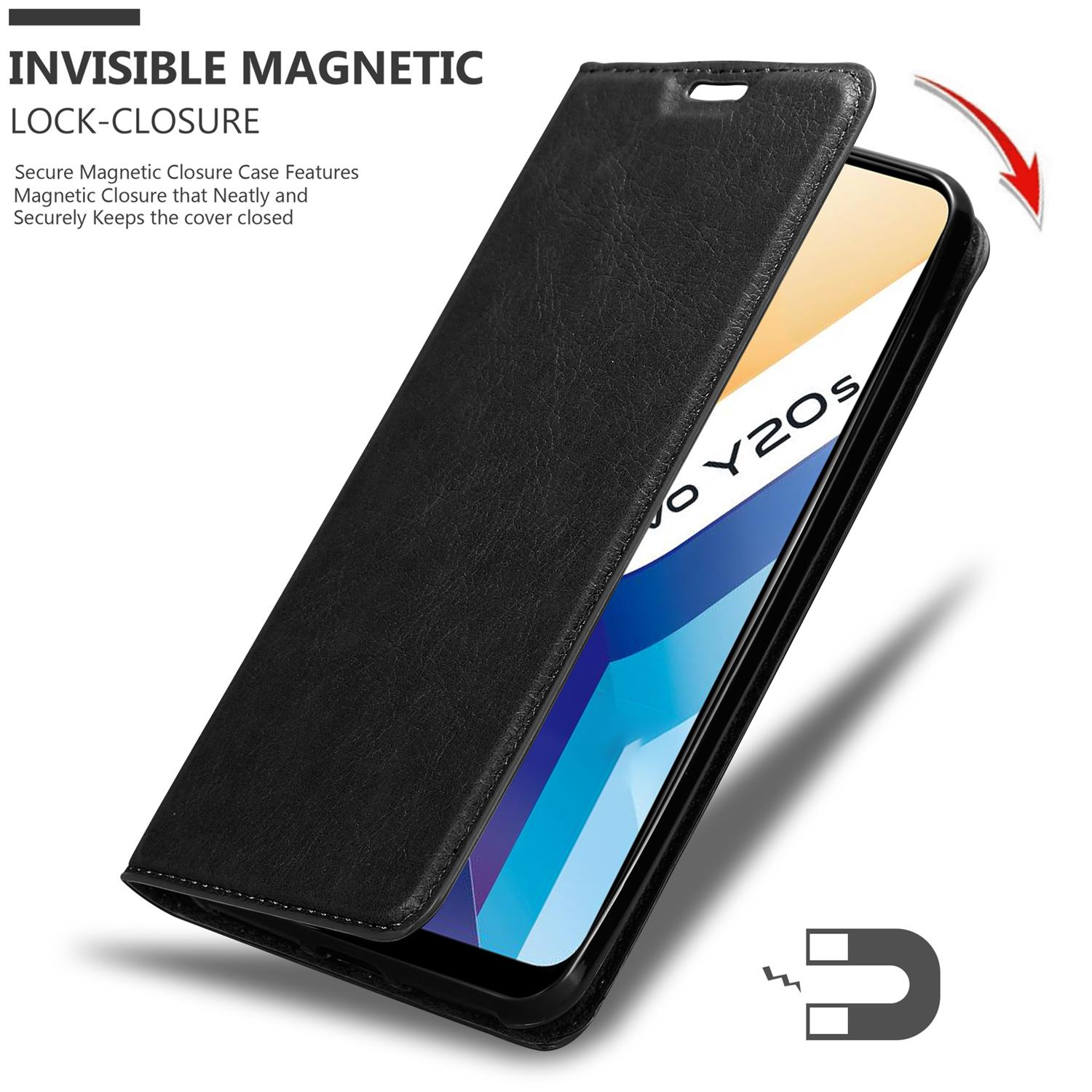 Custodia per telefono nera aperta con un telefono all'interno. La custodia del telefono è aperta. La custodia ha una chiusura magnetica.