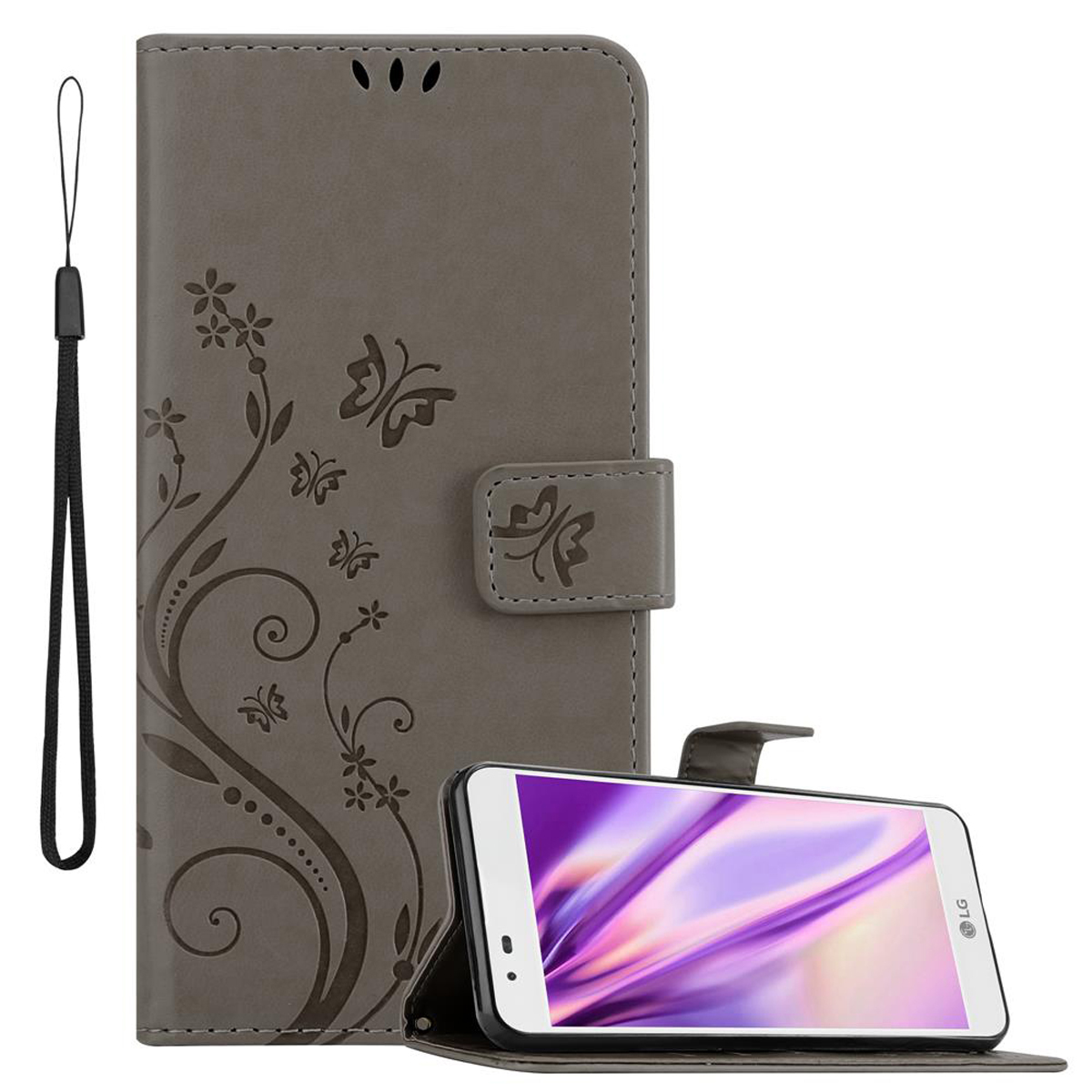 Funda gris con diseño floral y mariposas. El teléfono muestra arte abstracto.