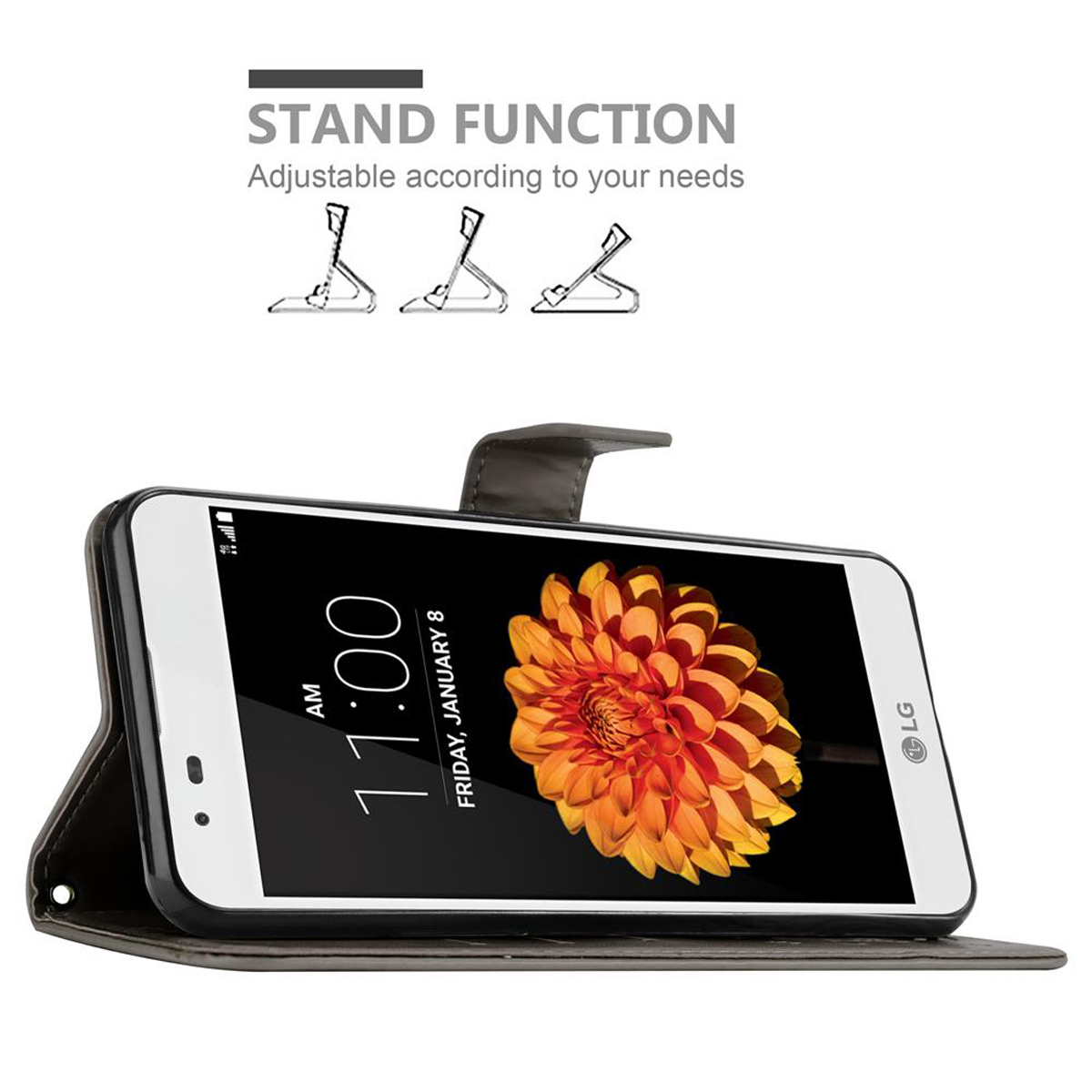 Un teléfono en una funda, que muestra la hora y una flor naranja. La funda está abierta con una función de soporte.