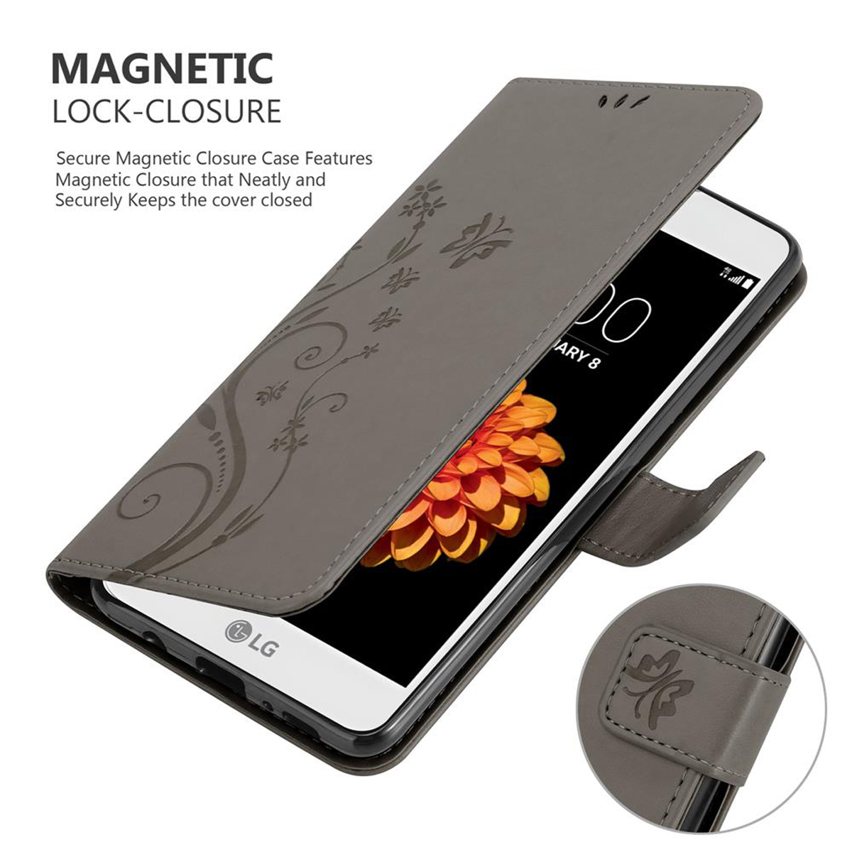 Una funda de teléfono gris está abierta, con un teléfono dentro. La funda tiene un diseño floral.