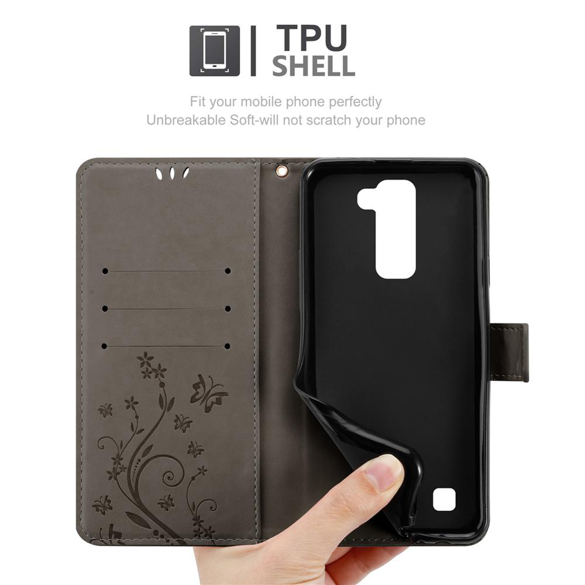 Funda de teléfono gris con un patrón floral. El interior de la funda es negro y sostiene un teléfono.