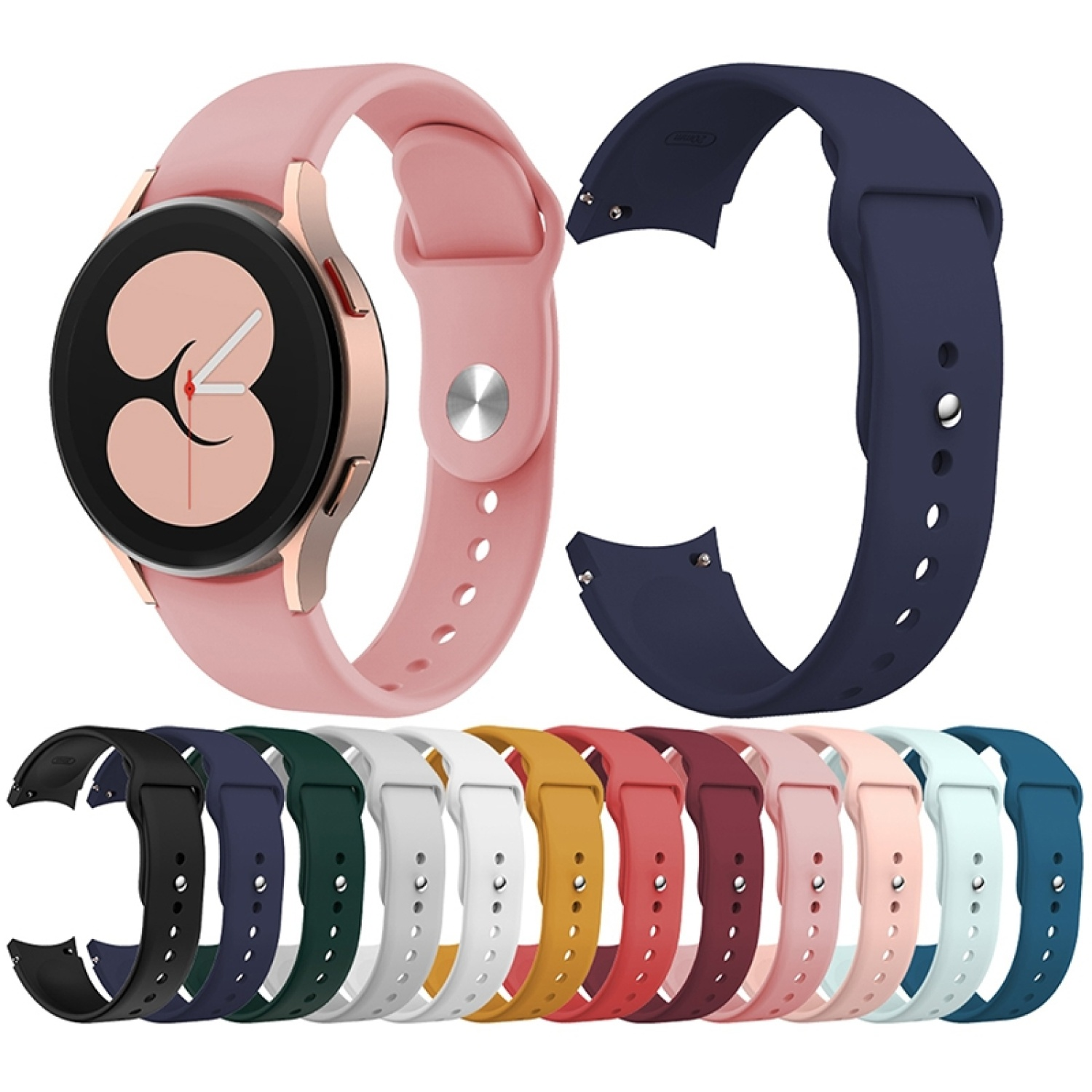 Mehrere farbige Uhrenarmbänder. Rosa Uhr oben links. Weißer Hintergrund.
