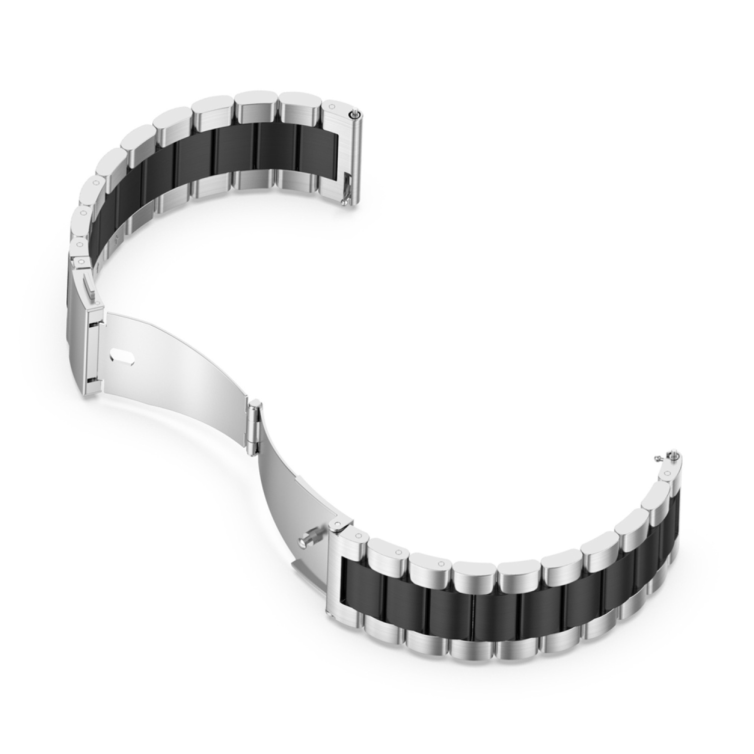 Silbernes und schwarzes Armband, offen und mit Verschluss. Weißer Hintergrund.