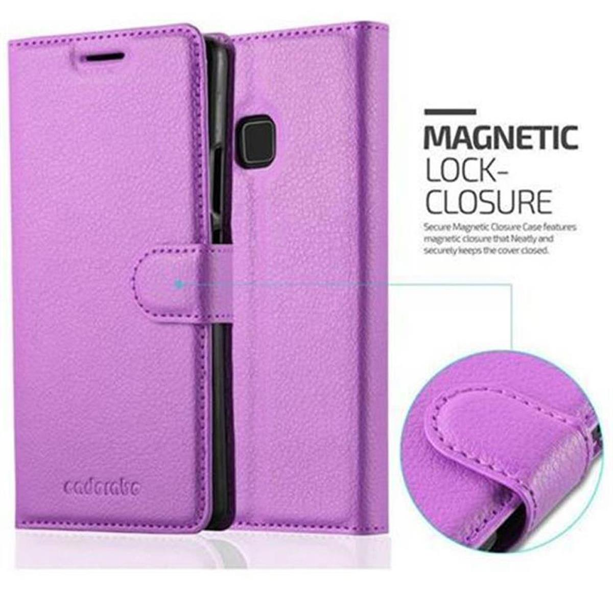 Custodia per telefono viola, chiusa. Aperta, che mostra l'interno e un telefono. Testo: 'Chiusura magnetica'.