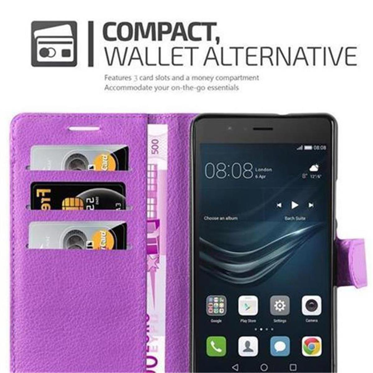 Custodia a portafoglio viola con telefono. Include carte, denaro e display.