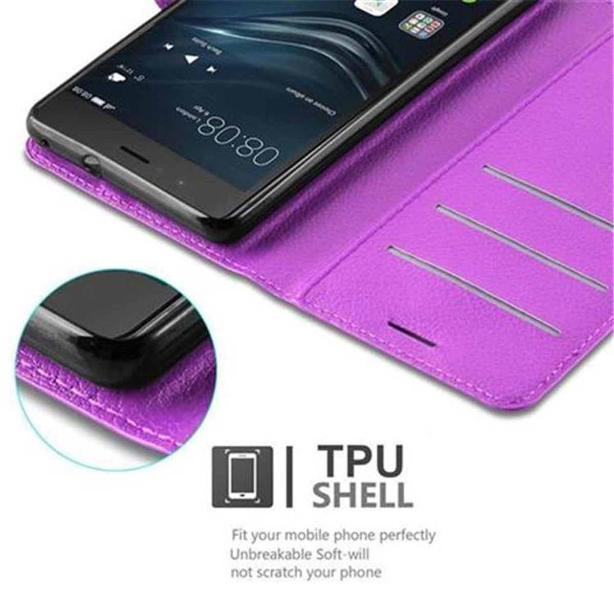 Custodia viola con telefono all'interno, con scomparti per carte e descrizione del guscio in TPU.