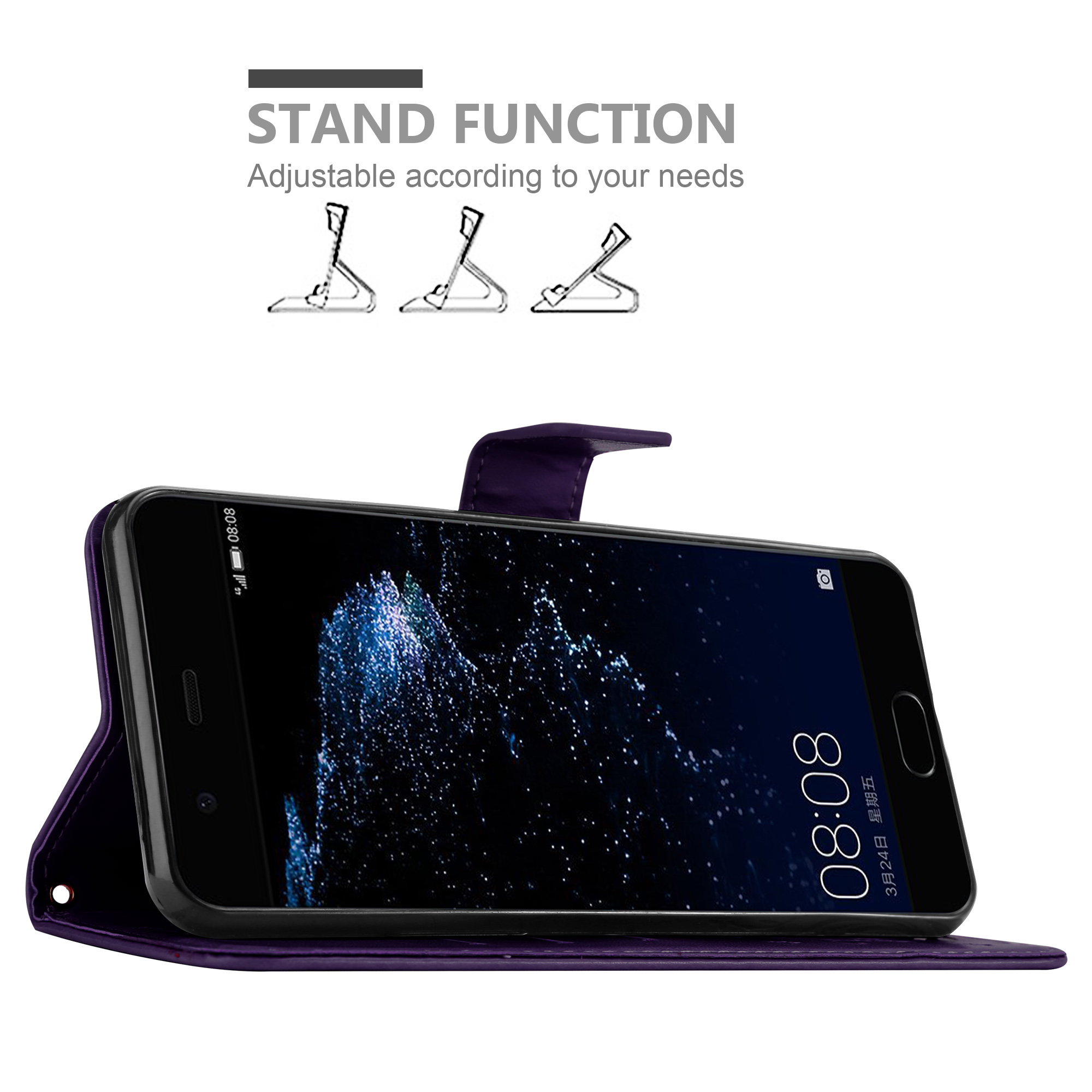 Custodia viola per telefono, aperta. Il telefono è dentro. Testo: FUNZIONE STAND. Lo schermo mostra ora e data.