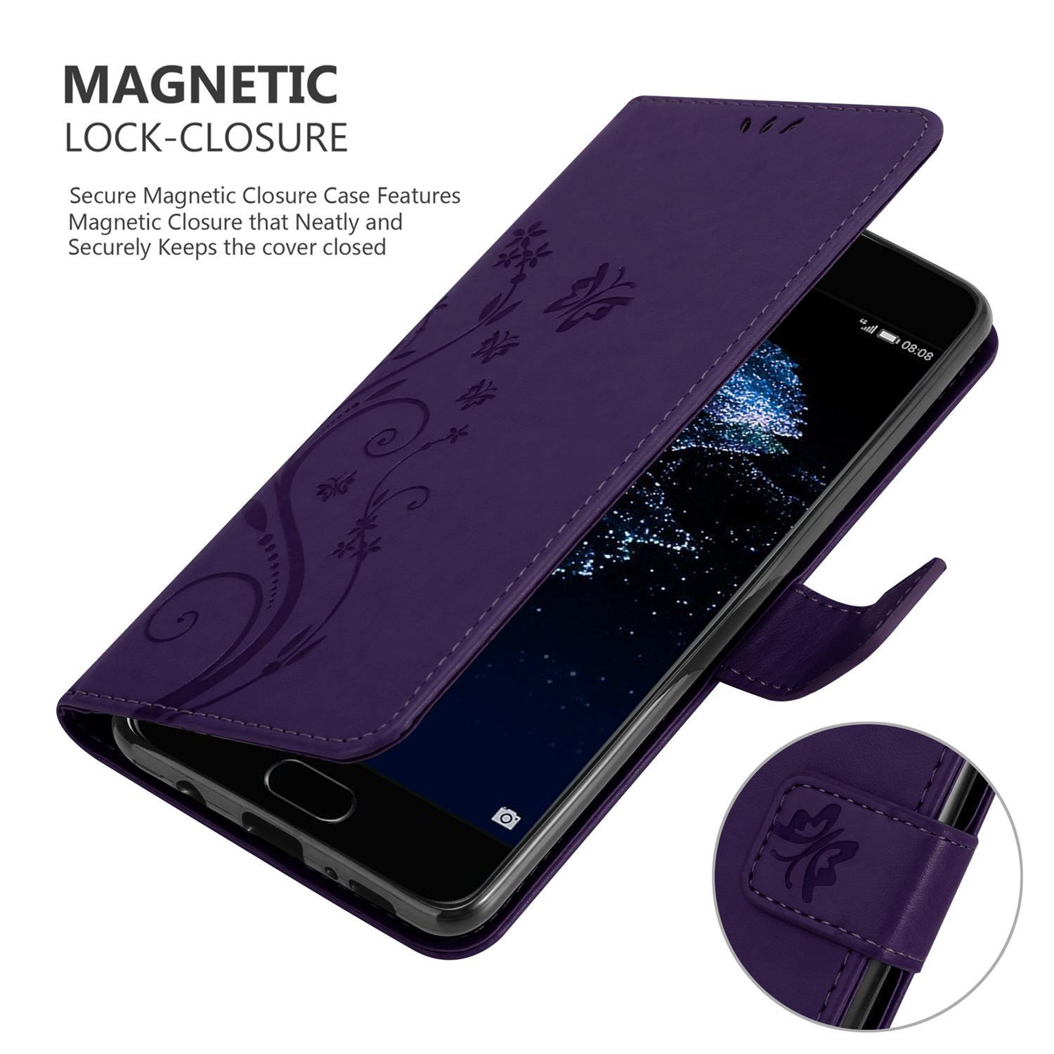 Una custodia viola per telefono con un telefono all'interno. La custodia è aperta. Il testo dice: CHIUSURA MAGNETICA.