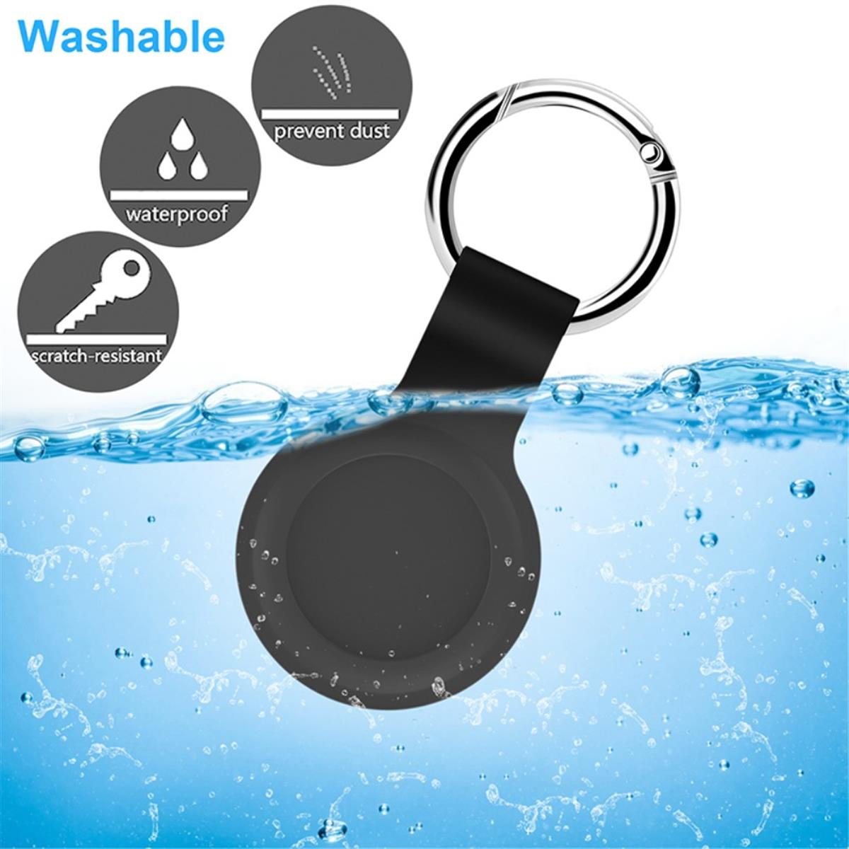 Schwarzer AirTag-Halter im Wasser mit Blasen. Symbole zeigen Wasserdichtigkeit, Staubschutz und Kratzfestigkeit.