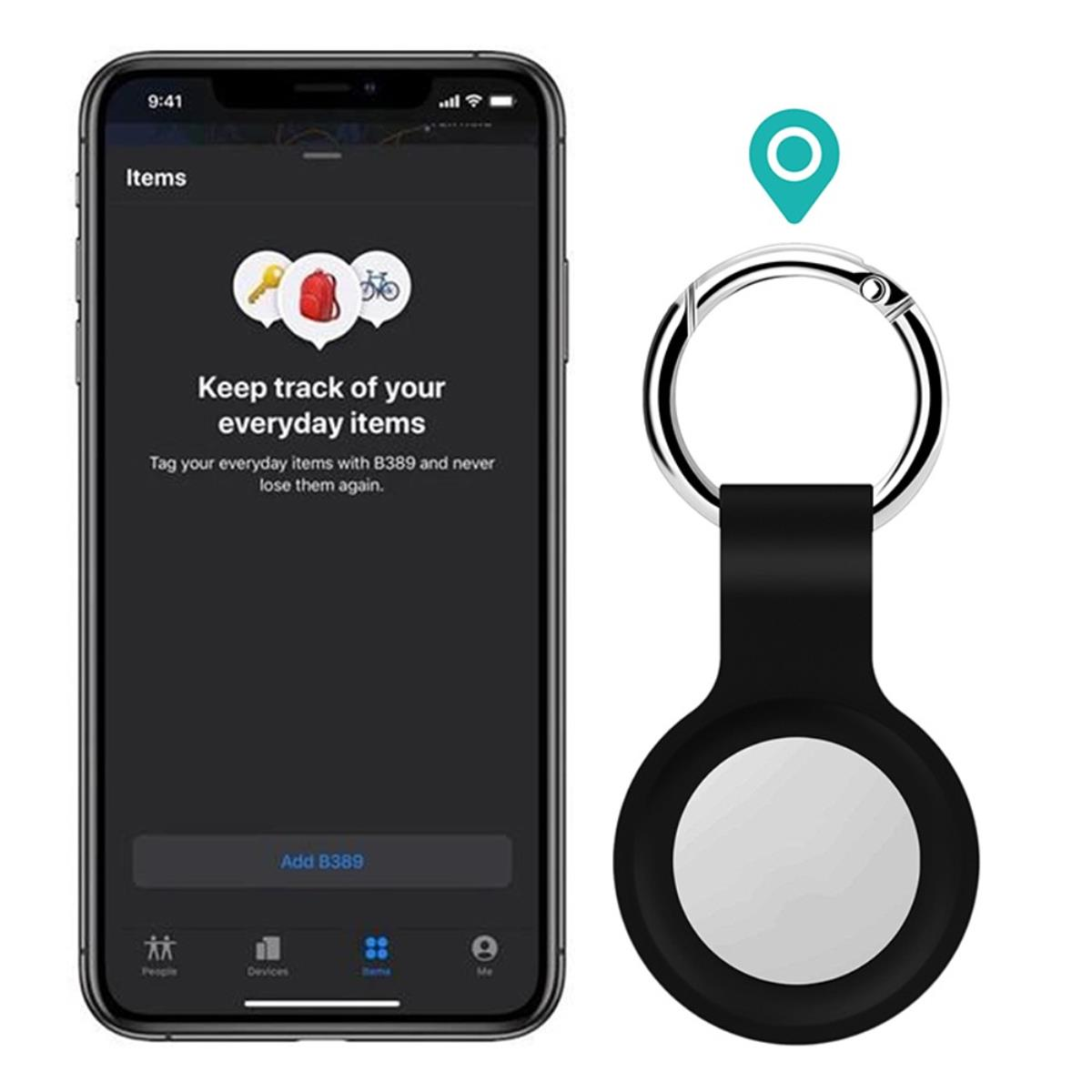 Ein weißes Telefon mit einem schwarzen Anhänger. Das Telefon zeigt eine Tracking-App. Text auf dem Anhänger: Artikel.