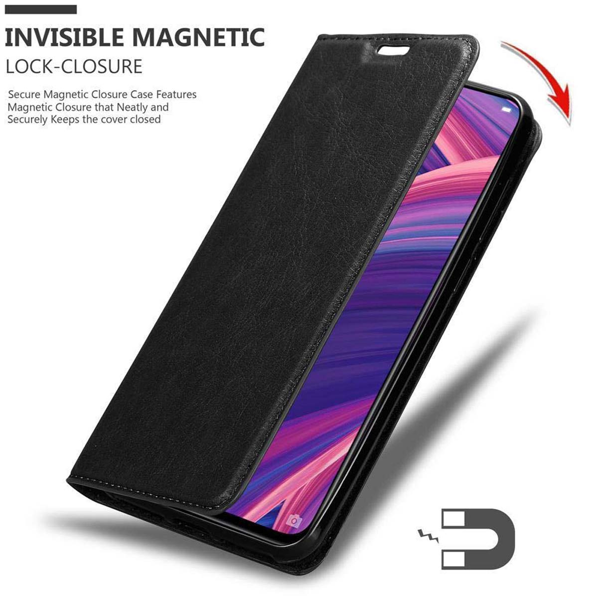 Una custodia per telefono nera aperta per rivelare un telefono. Il testo dice 'INVISIBLE MAGNETIC LOCK-CLOSURE'. Viene mostrato un magnete.
