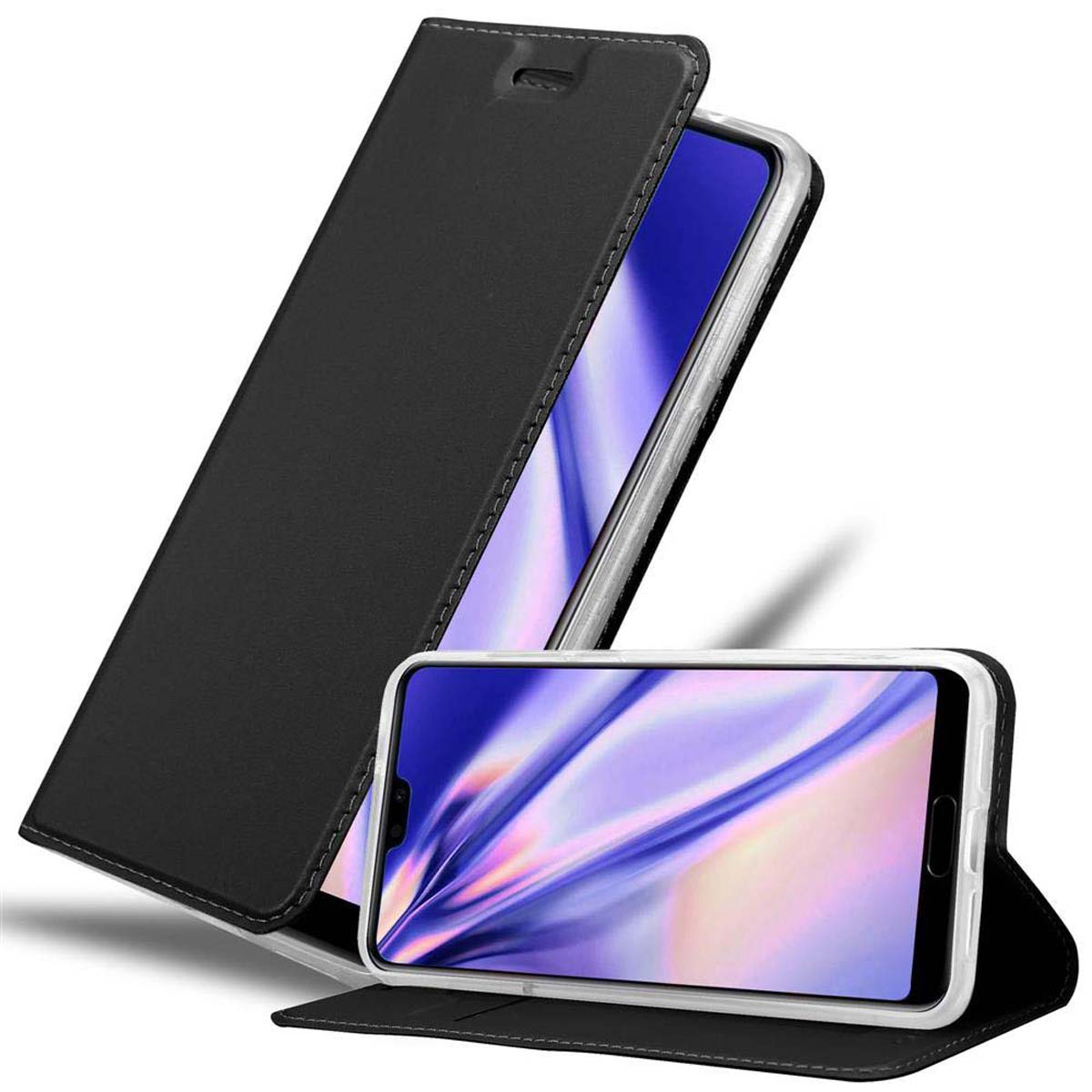 Una custodia nera per telefono è aperta, mostrando un telefono con schermo blu. Un altro telefono è aperto.