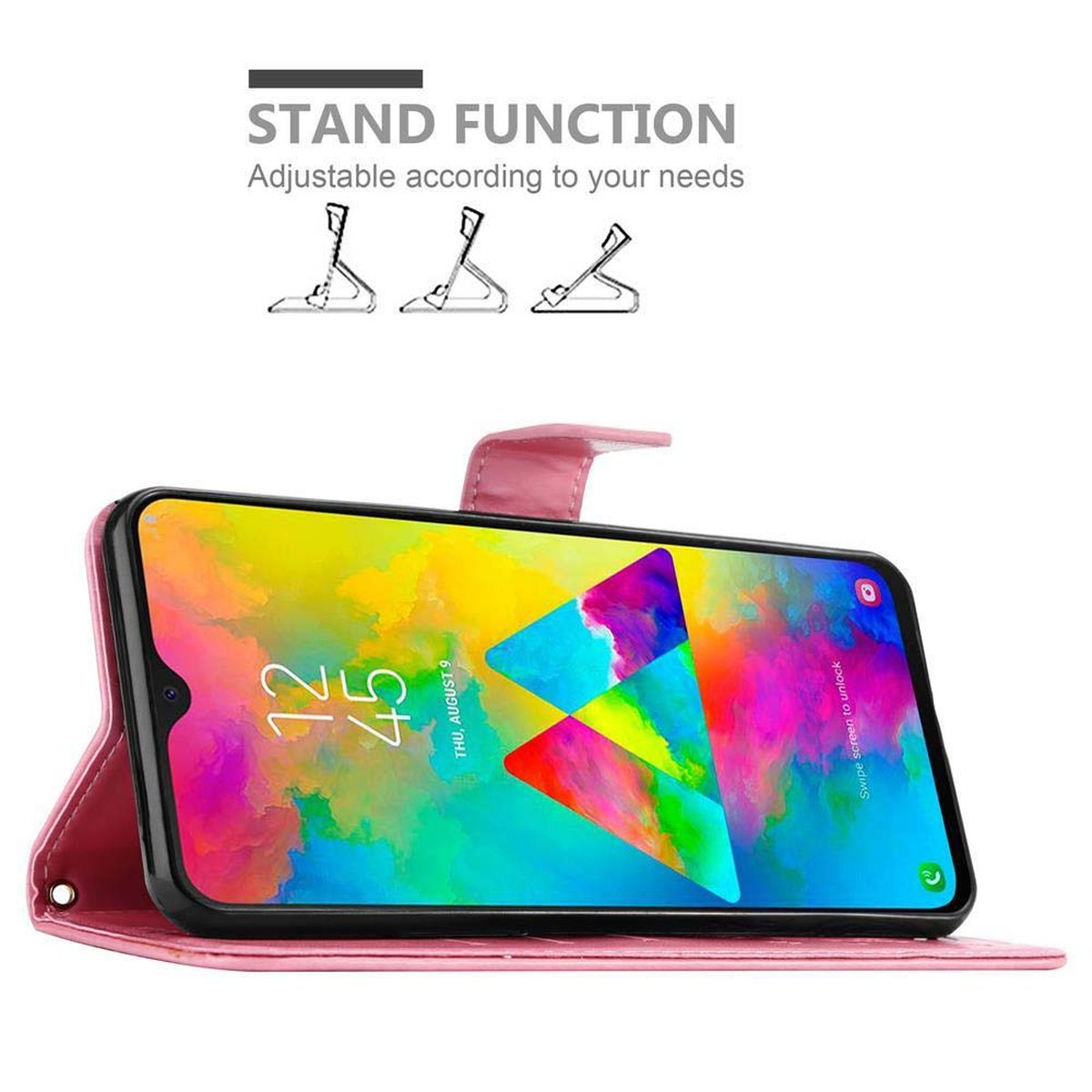 Una custodia rosa per telefono con un telefono. Lo schermo del telefono è colorato.