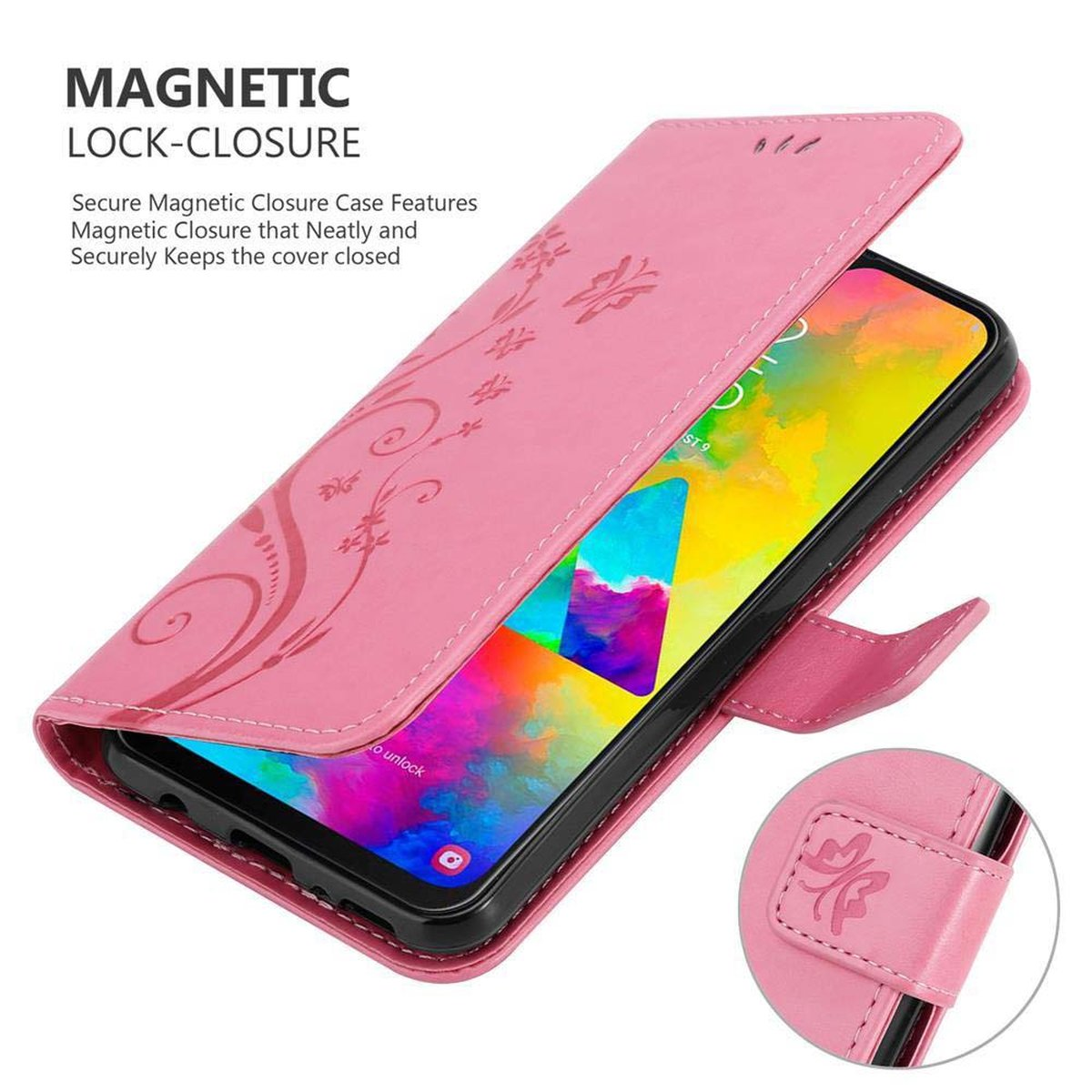 Custodia per telefono rosa aperta, telefono all'interno. La custodia ha un motivo floreale. Piccolo dettaglio rotondo nell'angolo.
