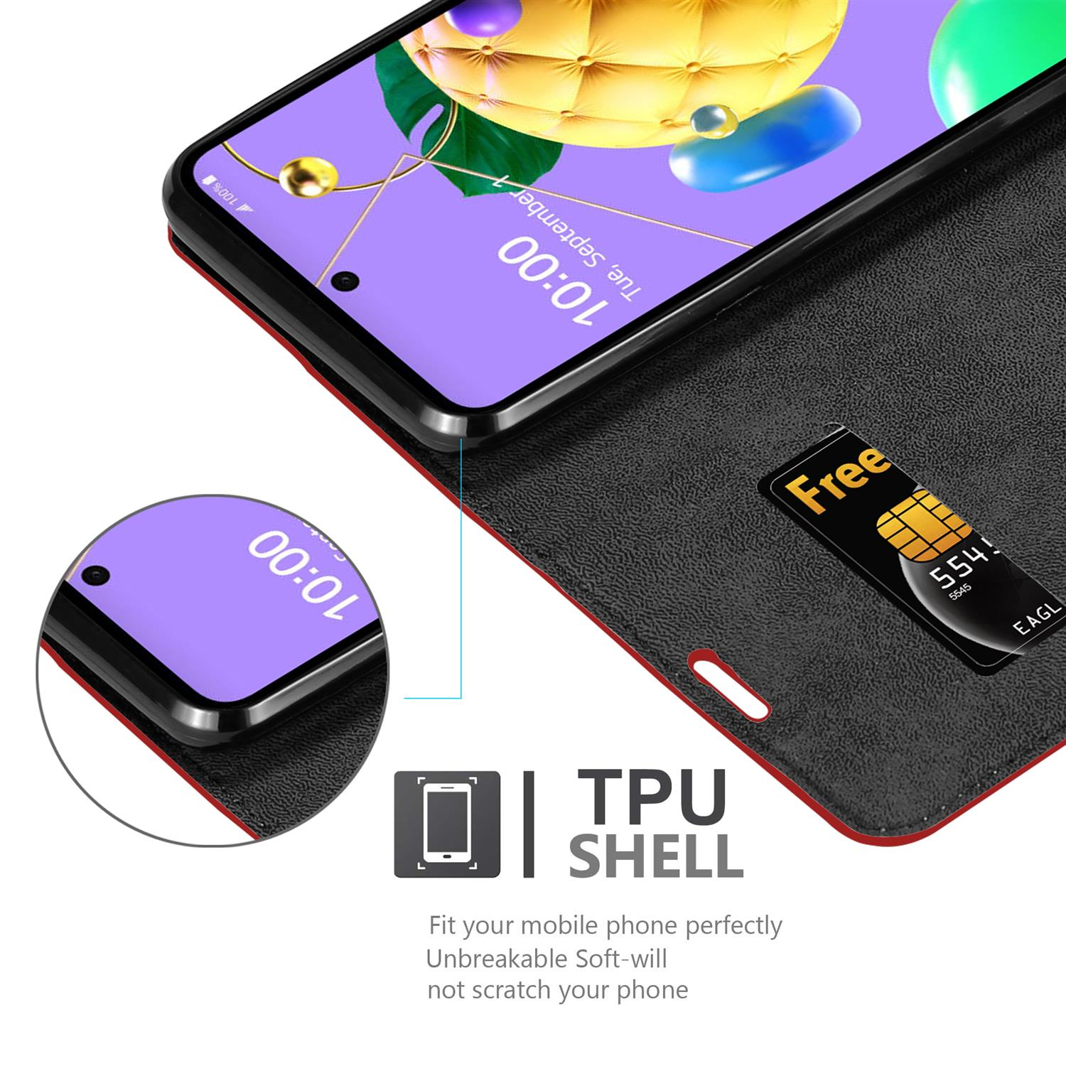 Custodia per telefono con telefono all'interno. Lo schermo del telefono mostra l'ora. Una SIM card è visibile. La custodia è rossa e nera.