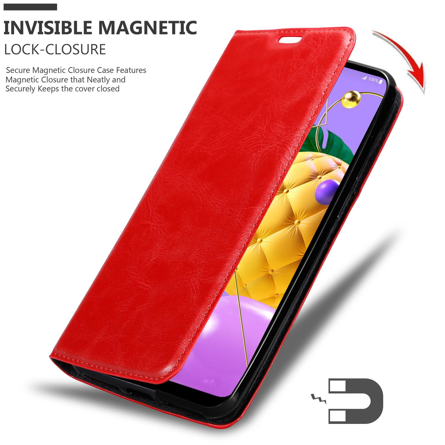Custodia per telefono in stile pelle rossa che si apre per rivelare un telefono. È presente un simbolo a calamita.