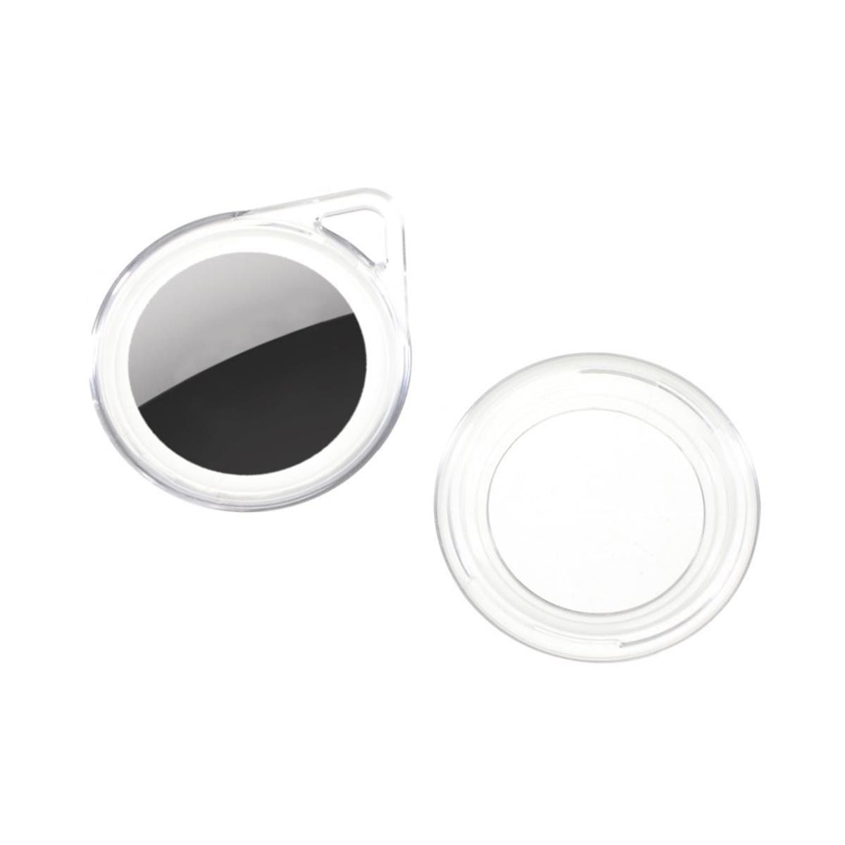 Transparente AirTag-Hülle, zweiteilig. Ein Teil mit schwarzem Kreis innen.