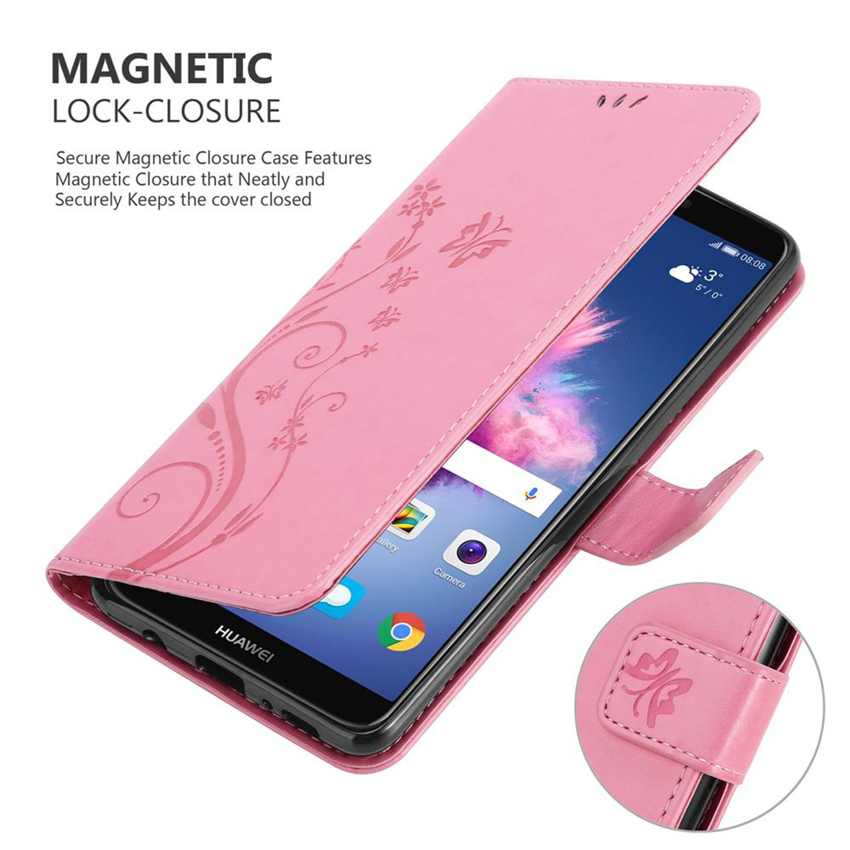 Custodia per telefono rosa aperta con telefono all'interno. Ha slot per schede e un design floreale. Una fibbia è visibile.