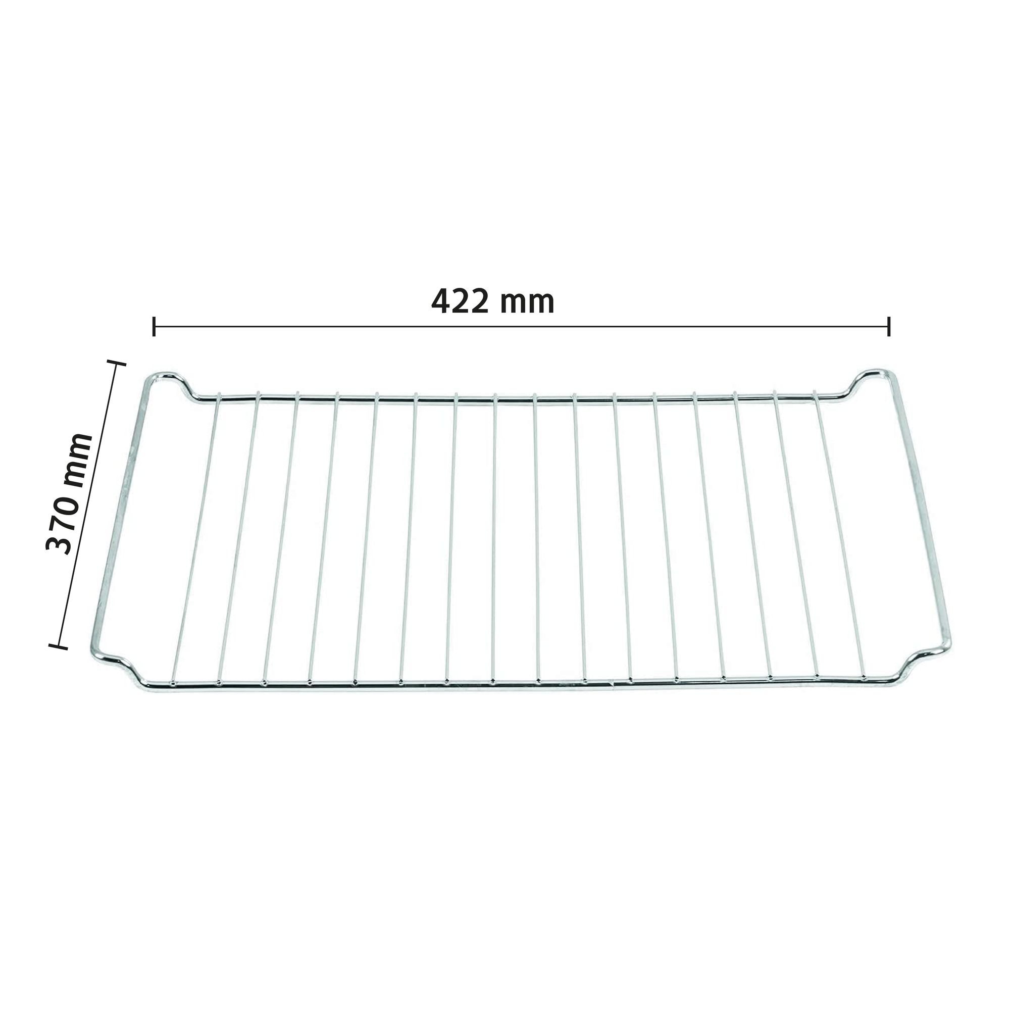 Chrom-Ofenrost mit Maßen. Auf weißem Hintergrund isoliert. 422mm x 370mm.