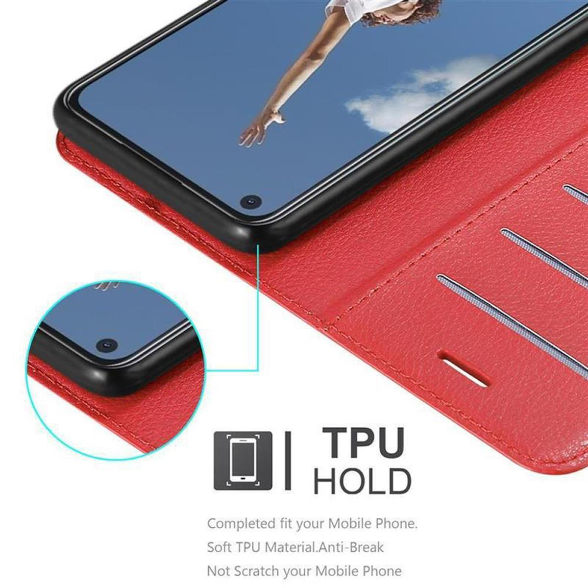 Custodia rossa aperta con telefono, con testo: TPU HOLD.