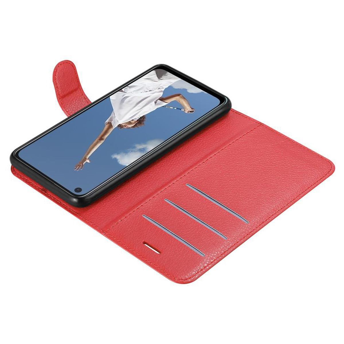 Custodia rossa per telefono aperta, che mostra un telefono all'interno. Lo schermo mostra un'immagine. La custodia ha fessure per carte.