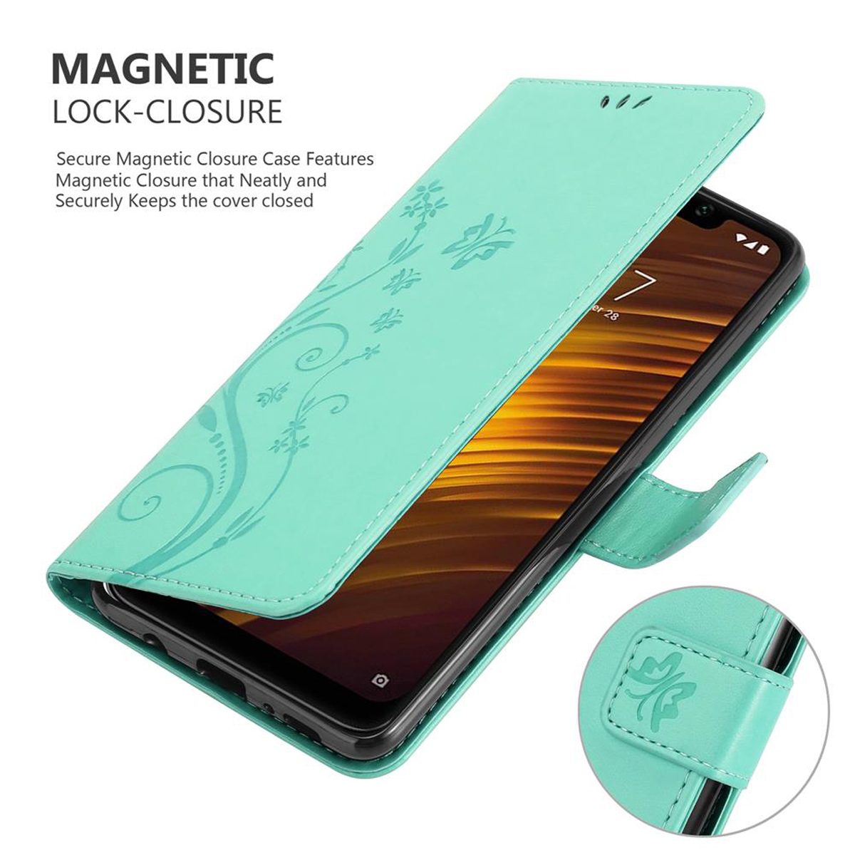 Custodia per telefono verde aperta, che mostra un telefono. La custodia ha un design floreale, è tenuta da una mano e ha una chiusura magnetica.