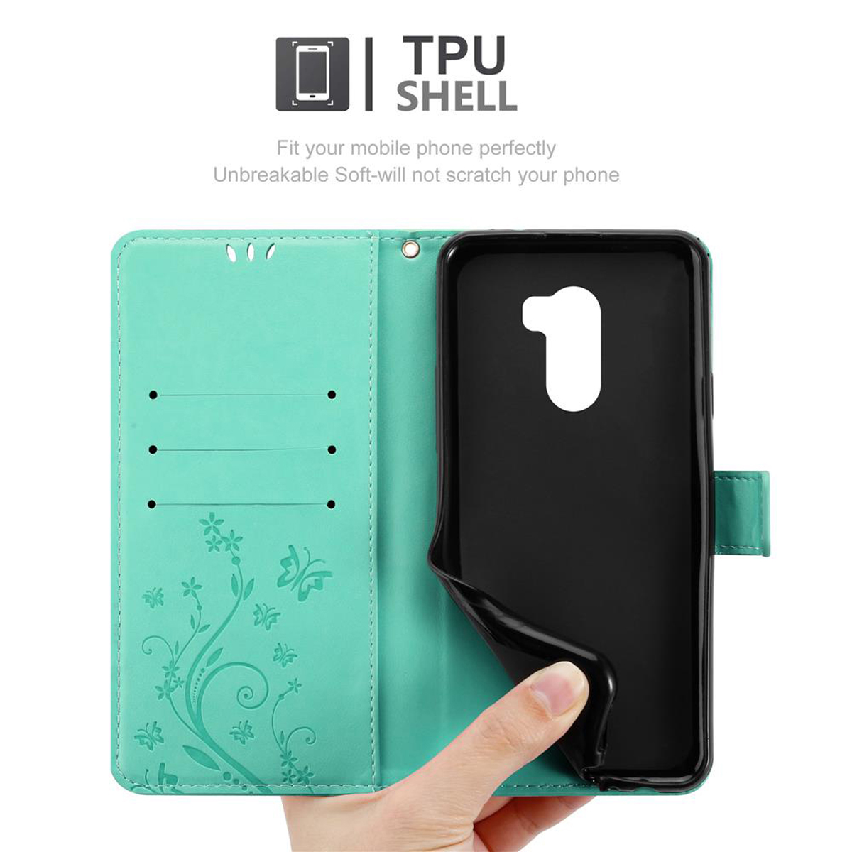 Custodia per telefono verde acqua aperta, che mostra il supporto per il telefono. Testo: TPU SHELL.