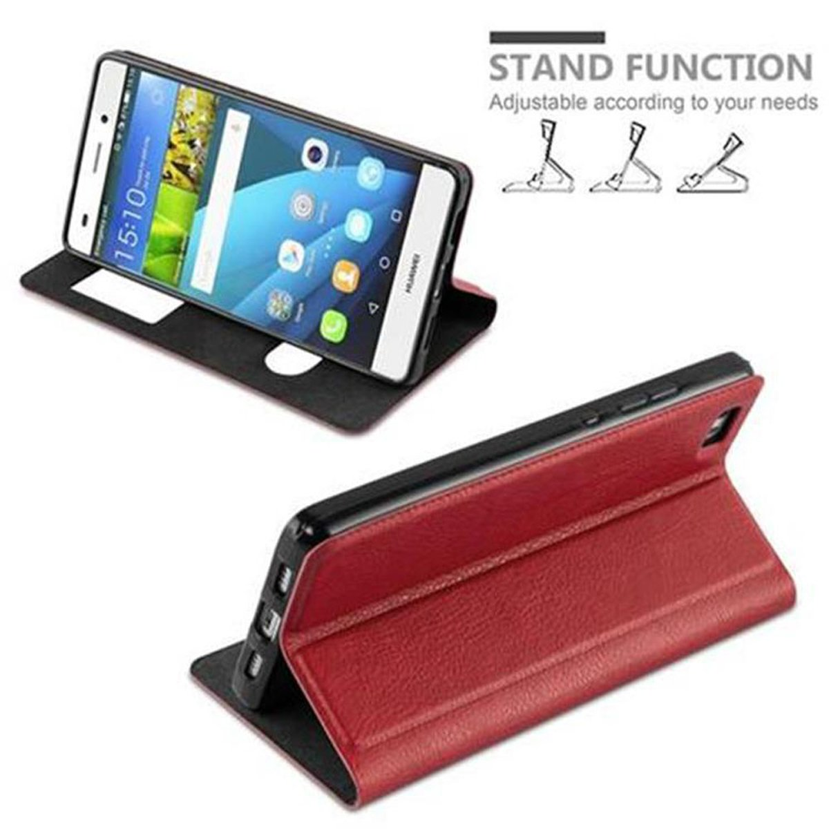 Dos teléfonos en fundas en modo soporte, con diagramas de opciones de soporte. Una funda es roja, la otra negra, cada una con un teléfono.