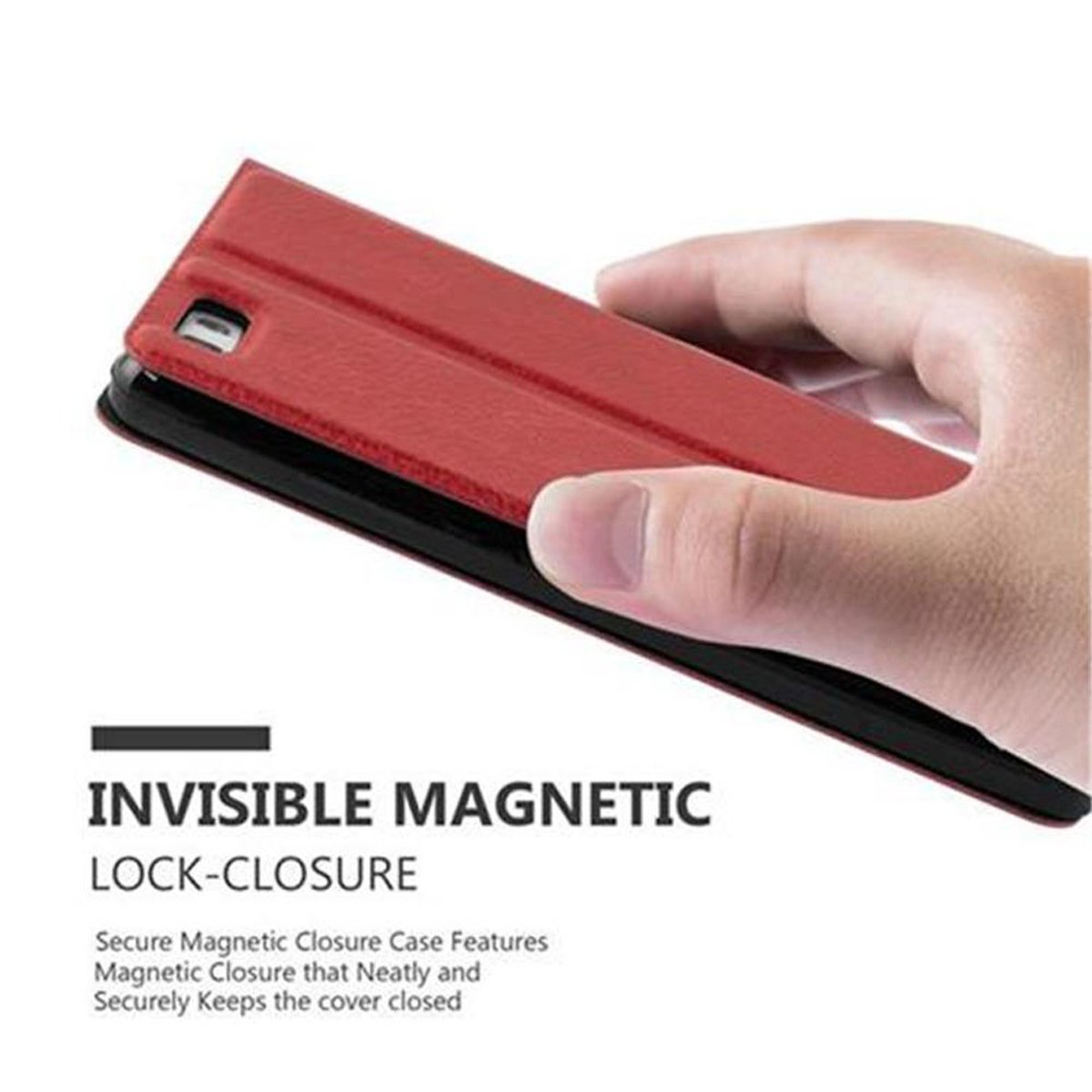 Una mano sosteniendo una funda roja para teléfono, que cubre parcialmente un teléfono negro. La funda tiene un cierre magnético.