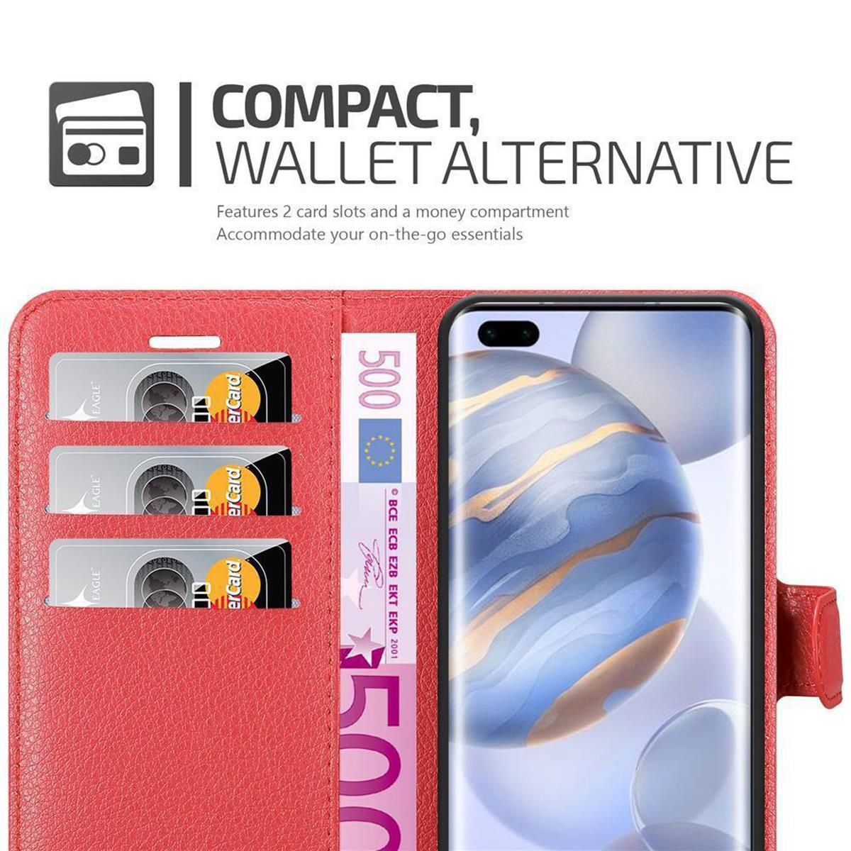 Rote Handy-Brieftasche mit Karten und Geld. Text: Kompakt, Alternative zur Brieftasche. 3 Kartenfächer.
