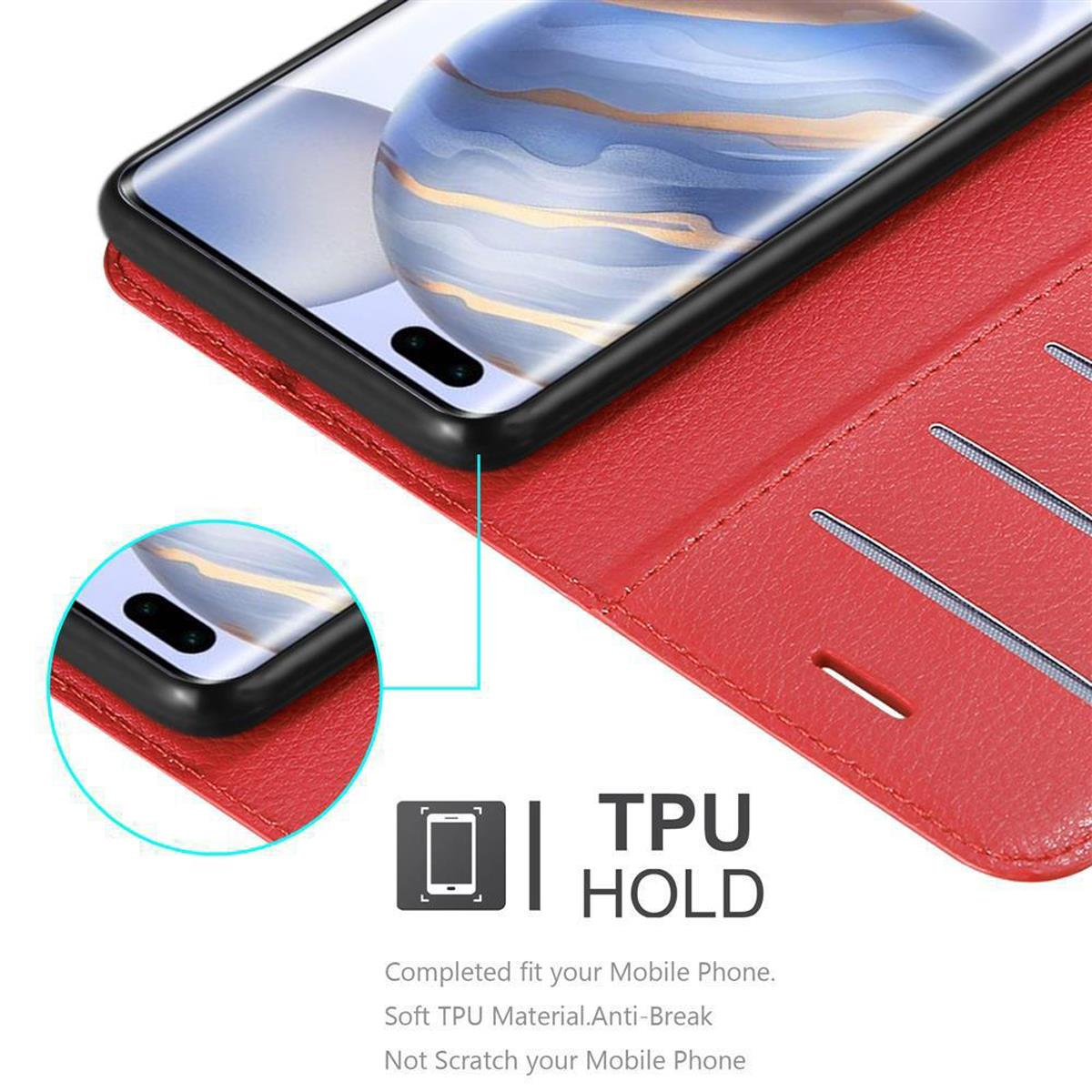 Rote Telefonhülle mit Telefon. TPU HOLD-Text unten.