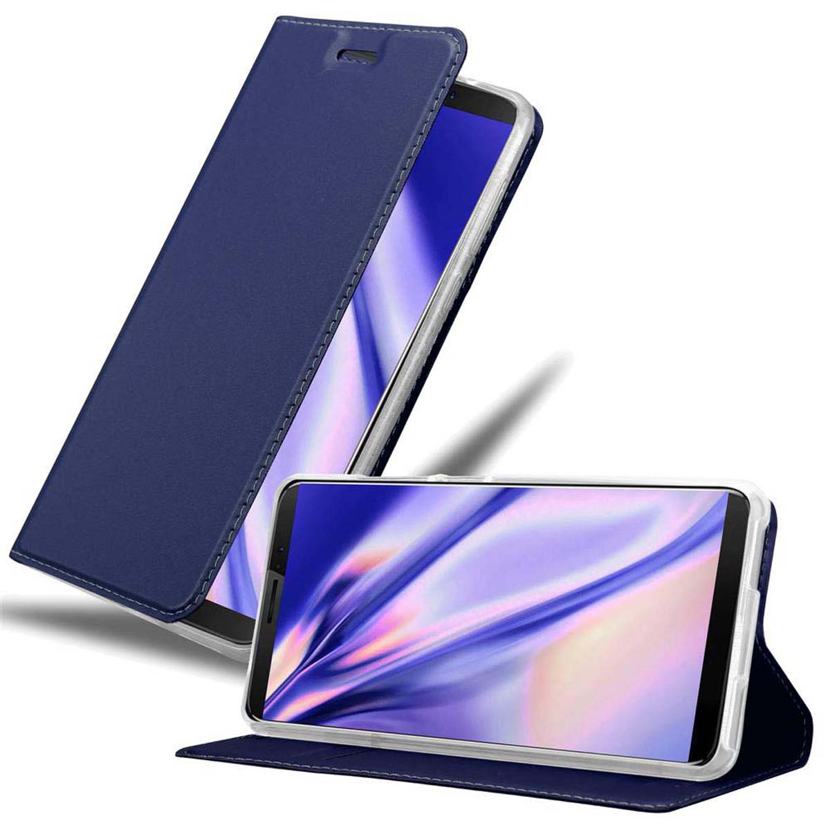 Custodia blu aperta con telefono all'interno su sfondo bianco.