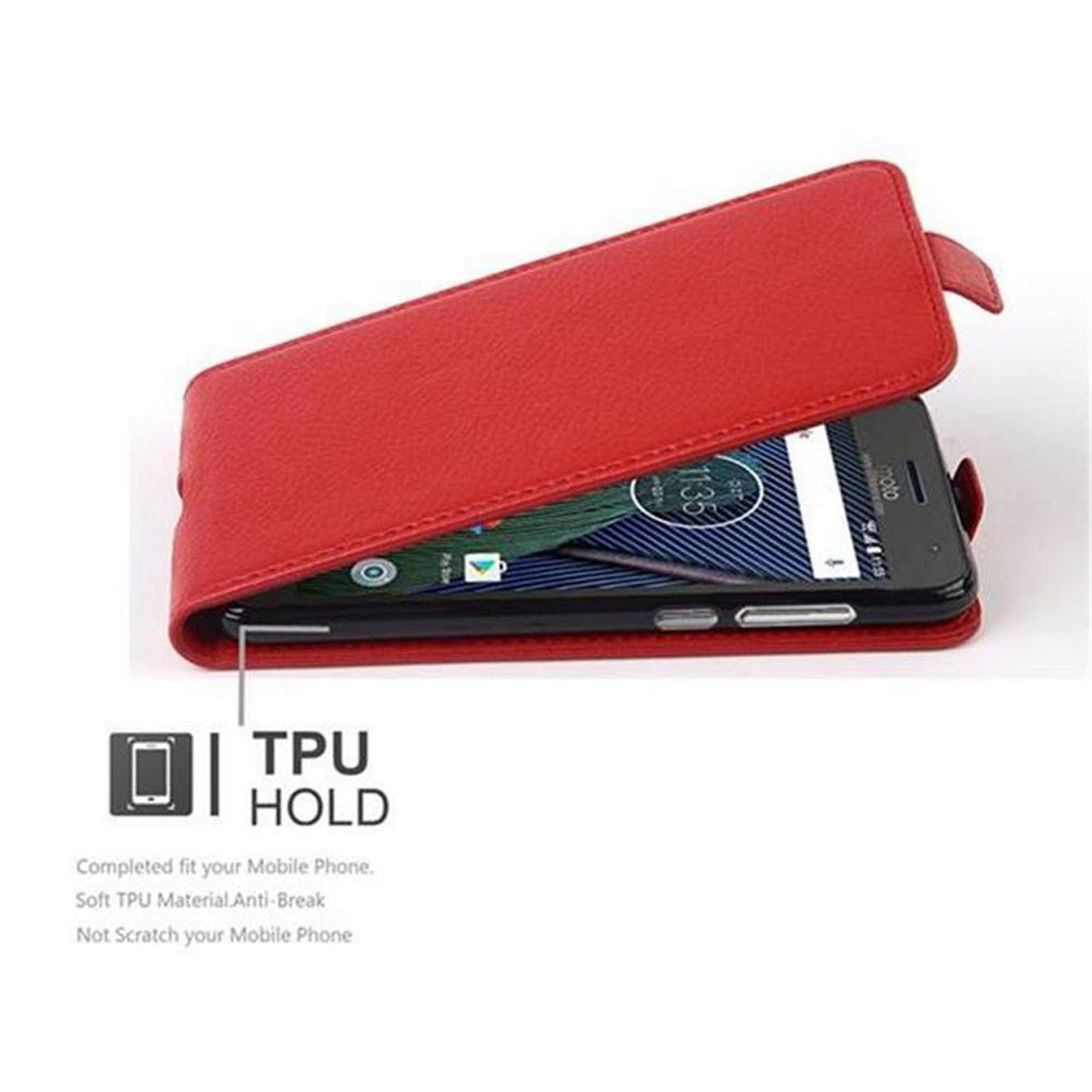 Rote Leder-Handyhülle offen, zeigt ein Telefon im Inneren. Weißer Hintergrund, mit einem TPU HOLD Logo.