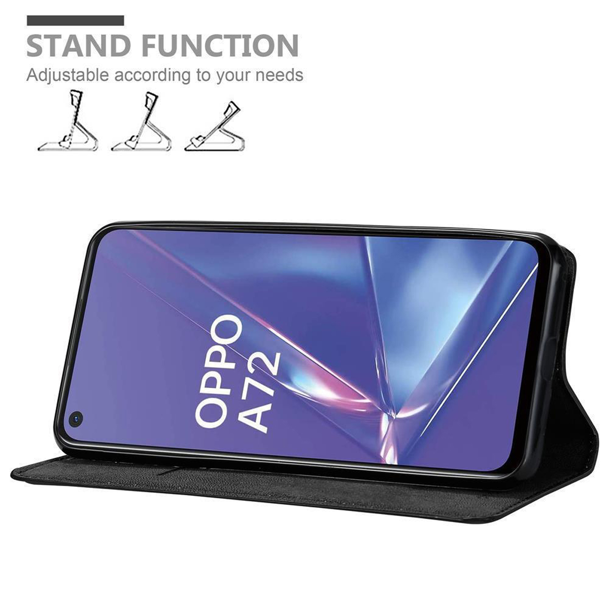 Custodia nera con telefono all'interno. Il telefono visualizza il logo OPPO A72. La funzione di supporto è regolabile.