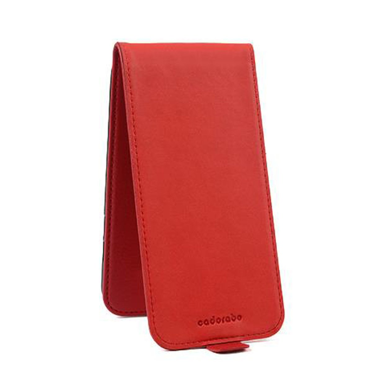 Rote Leder-Handyhülle, gefaltet, schlichtes Design, mit kleinem Laschenverschluss und Markenlogo.