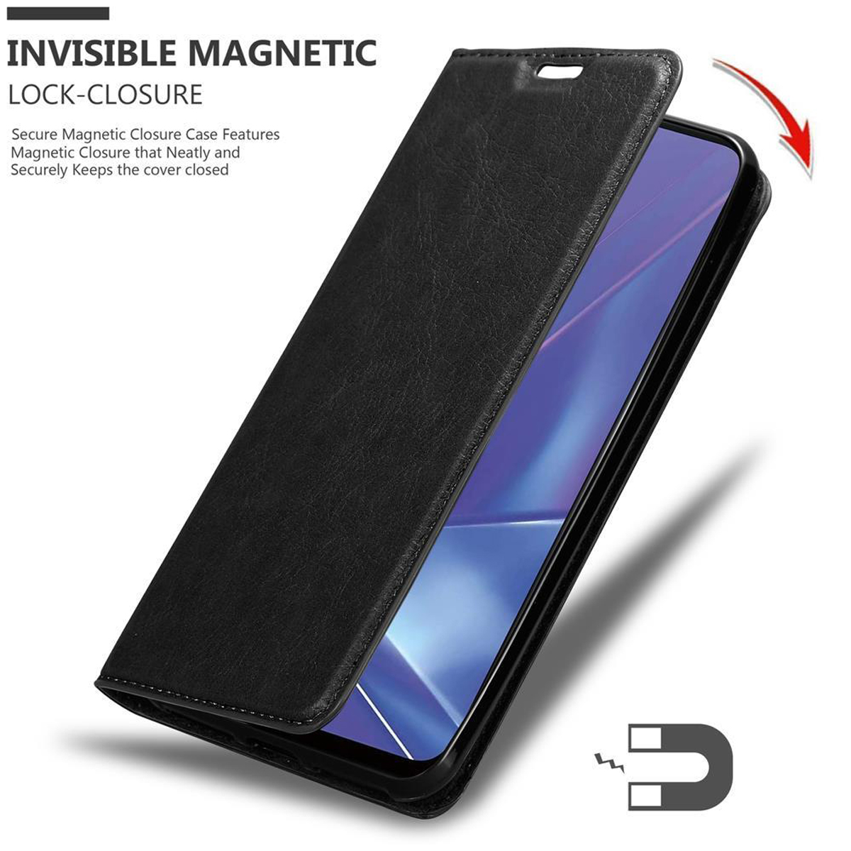 Una custodia nera per telefono con chiusura magnetica è mostrata. Un magnete e un telefono sono visibili.
