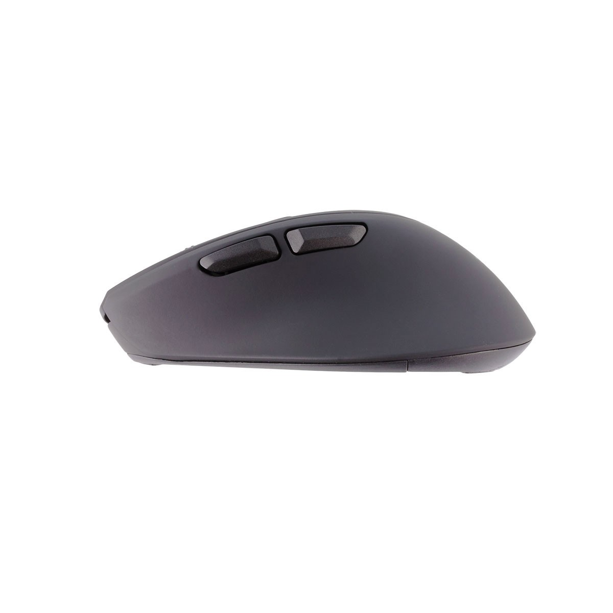 Een zwarte computermuis met twee knoppen en een scrollwiel, geïsoleerd op een witte achtergrond.