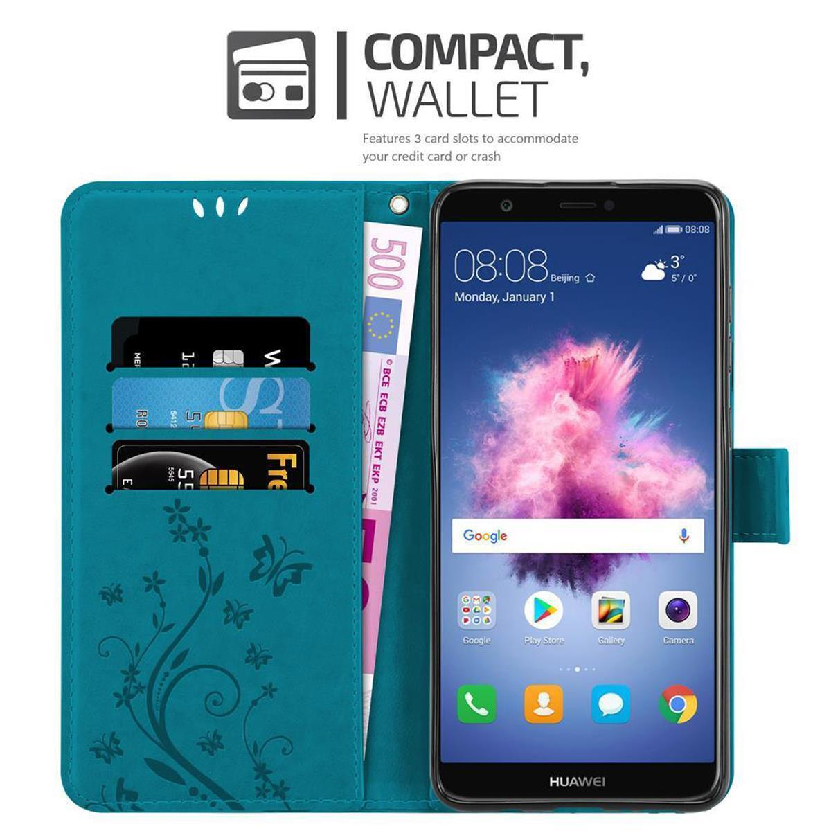 Custodia a portafoglio verde acqua, aperta, con telefono, carte e denaro all'interno. Il testo dice 'Compact, Wallet'.