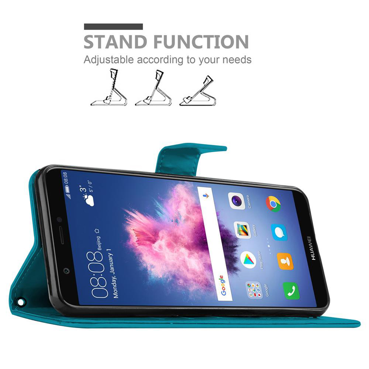 Telefono in custodia verde acqua, aperto, puntellato. Il testo dice 'Funzione supporto'.