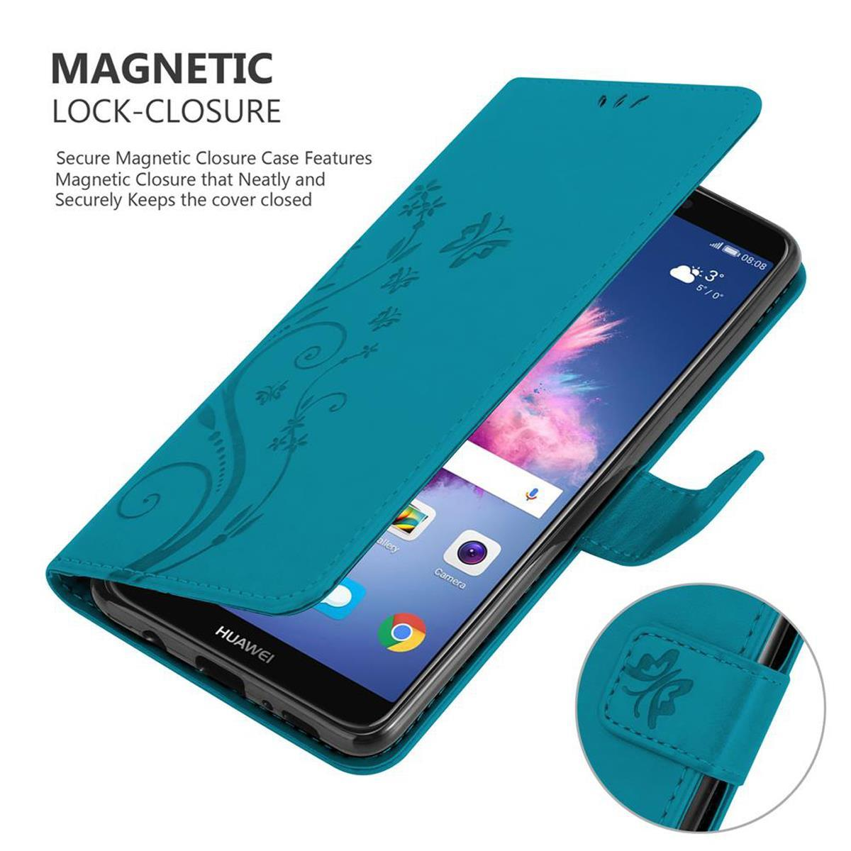 Custodia per telefono turchese con coperchio aperto. Il telefono mostra l'interfaccia. Chiusura magnetica.