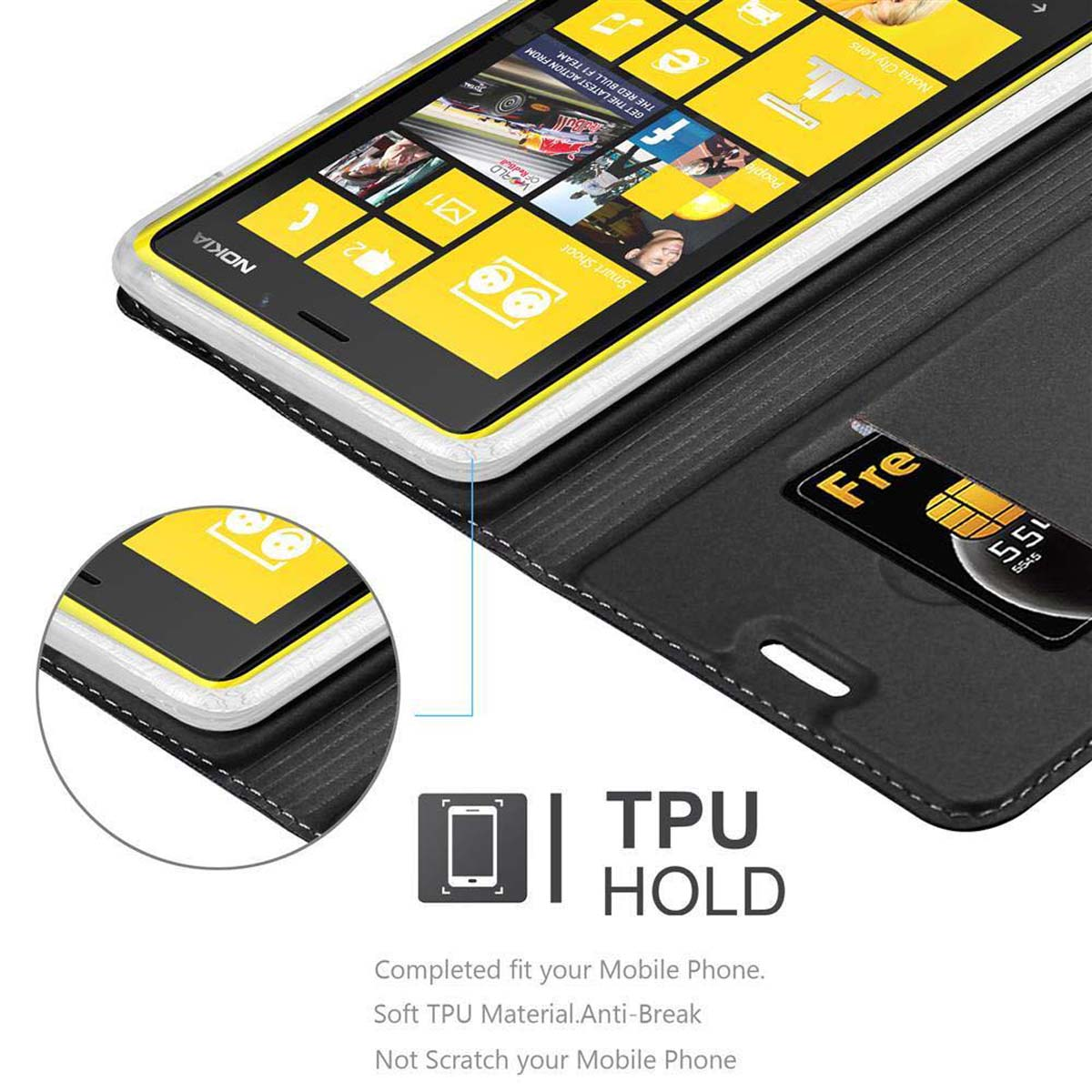 Custodia per telefono nera e gialla con un telefono che mostra un'UI e una SIM in uno slot.