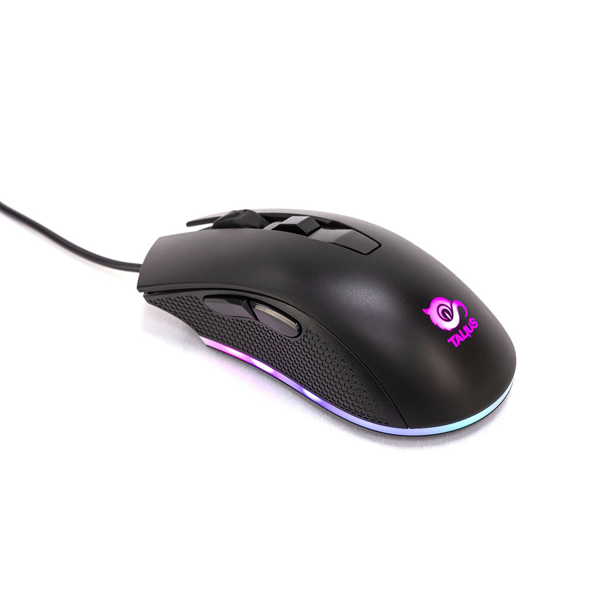 Mouse da gioco nero con luci colorate. Il mouse è su sfondo bianco.