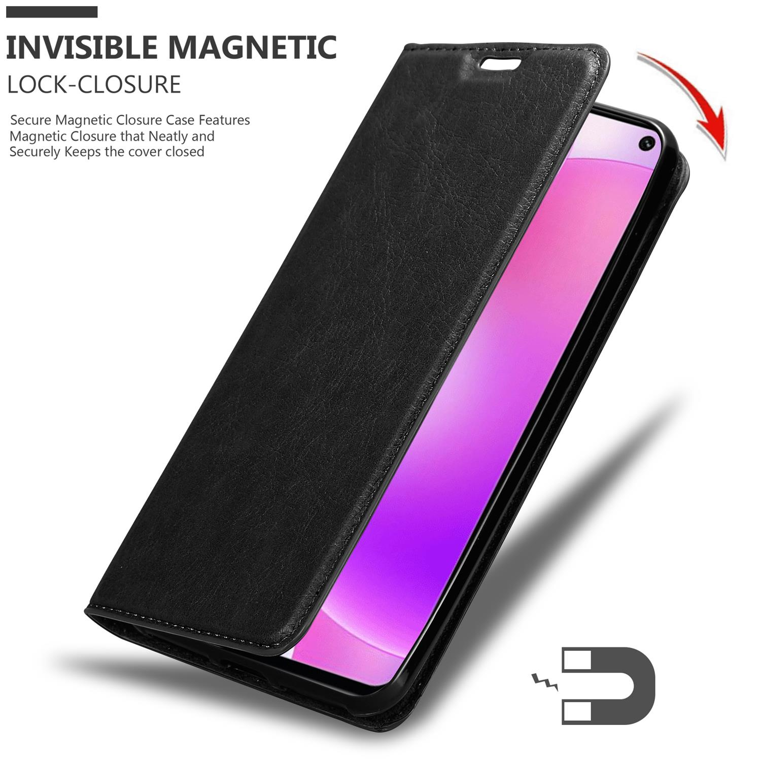 Custodia nera per telefono con il telefono all'interno. La custodia è aperta, con chiusura magnetica.