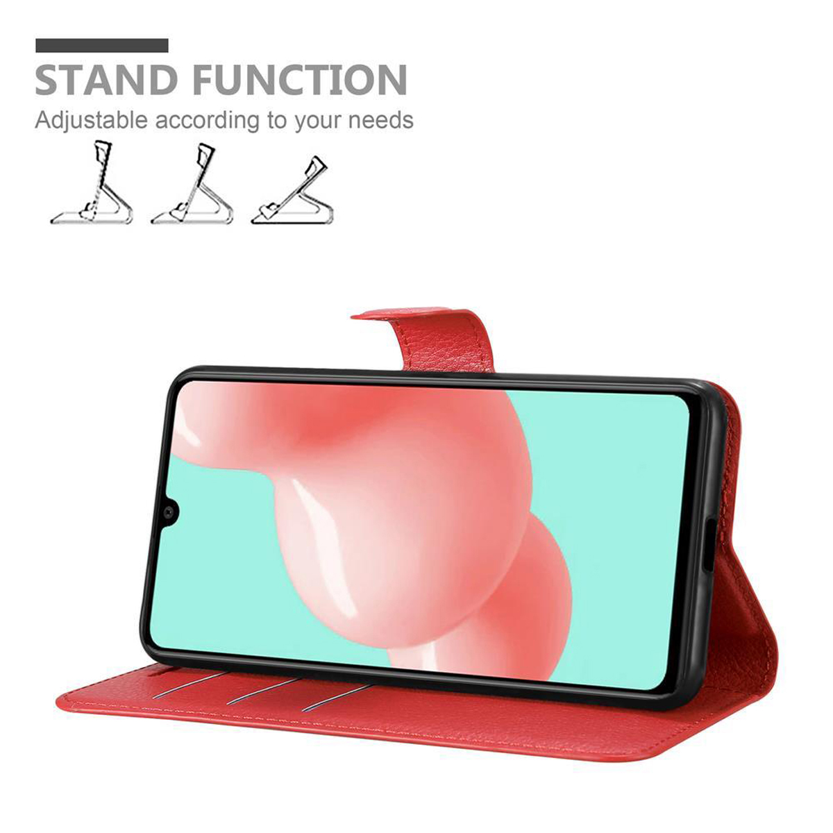 Rote Handyhülle mit Telefon darin, im Ständer-Modus.