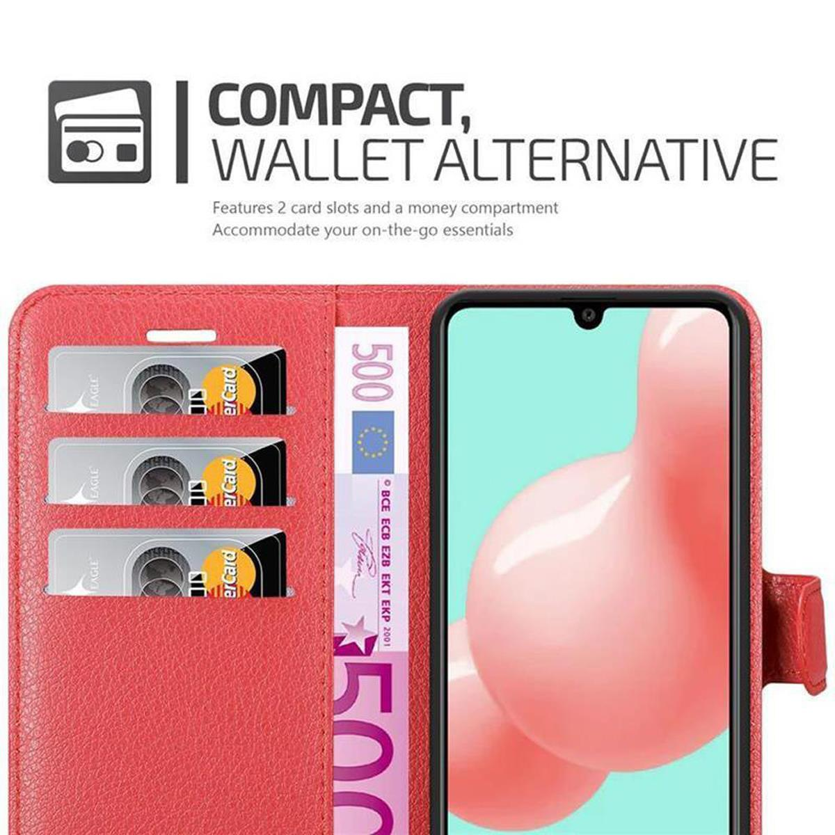 Rote Brieftasche mit Telefon, Karten und Geld. Text: Kompakt, Geldbörsenalternative.