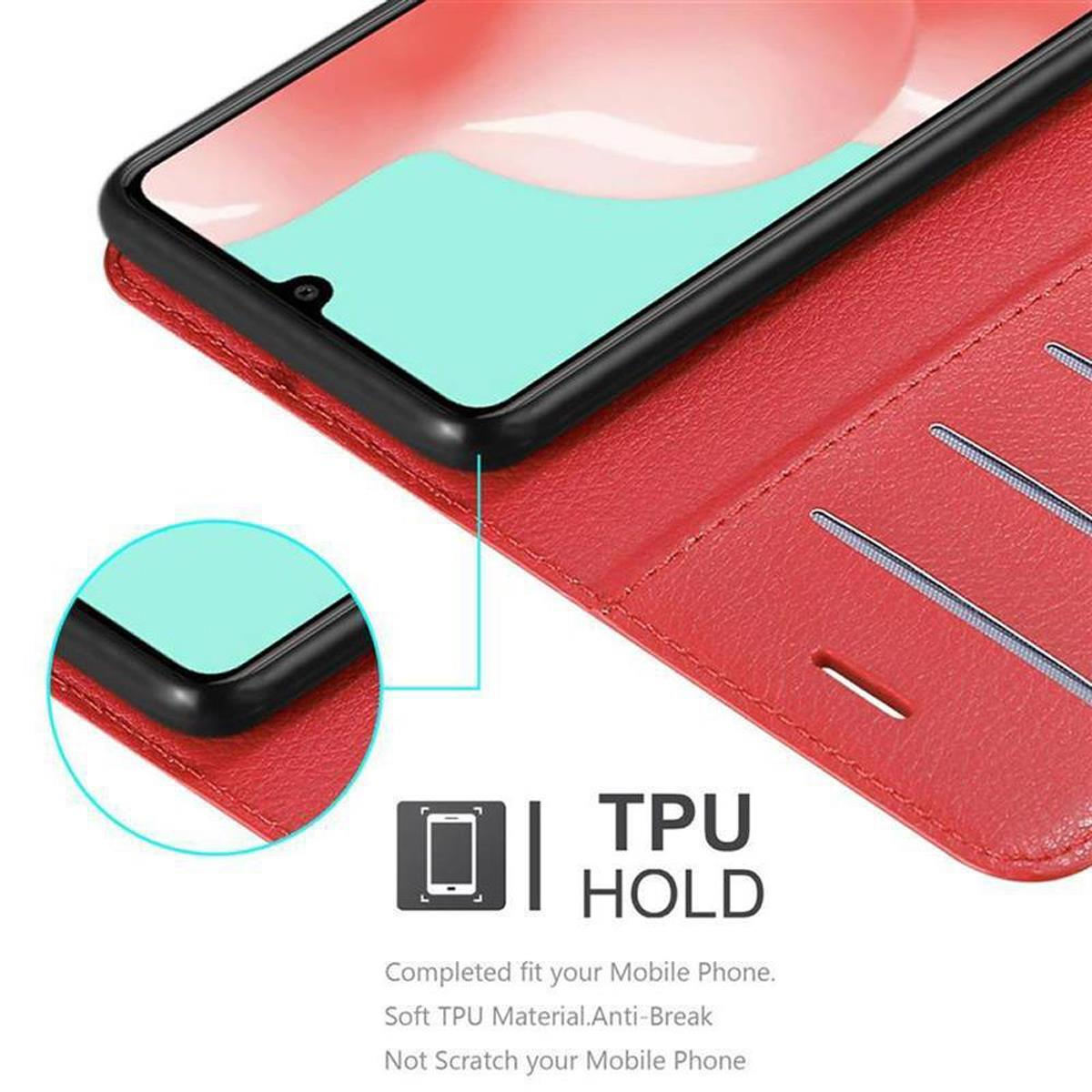 Rote Handyhülle mit einem Telefon. Die Hülle hat eine TPU-Halterung für das Telefon.
