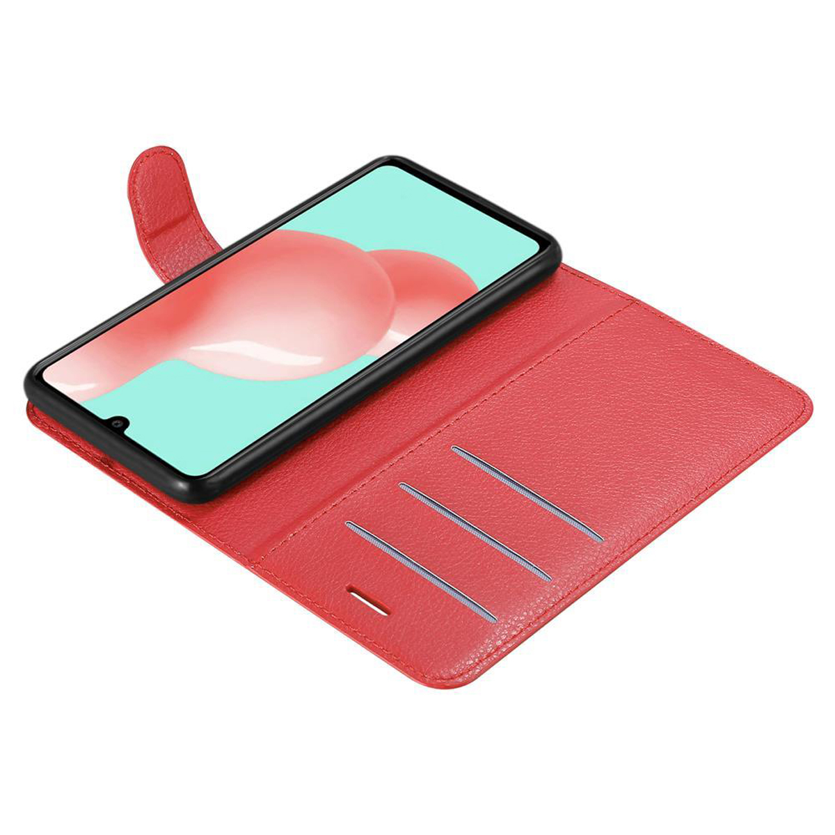 Eine rote Handyhülle, geöffnet mit einem Telefon darin. Drei Kartenfächer sind sichtbar.