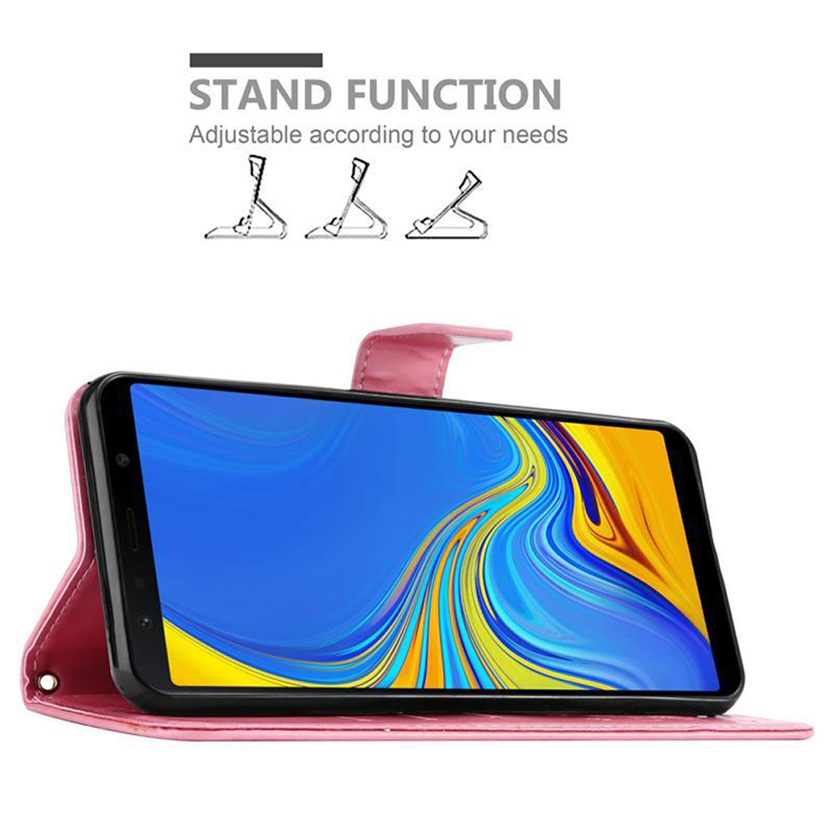 Custodia rosa per telefono con telefono con schermo colorato. Testo: Funzione supporto.