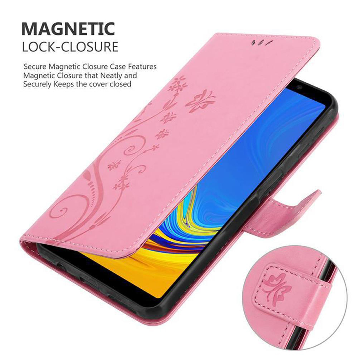 Custodia per telefono rosa, aperta. Mostra telefono con design floreale. Chiusura magnetica.